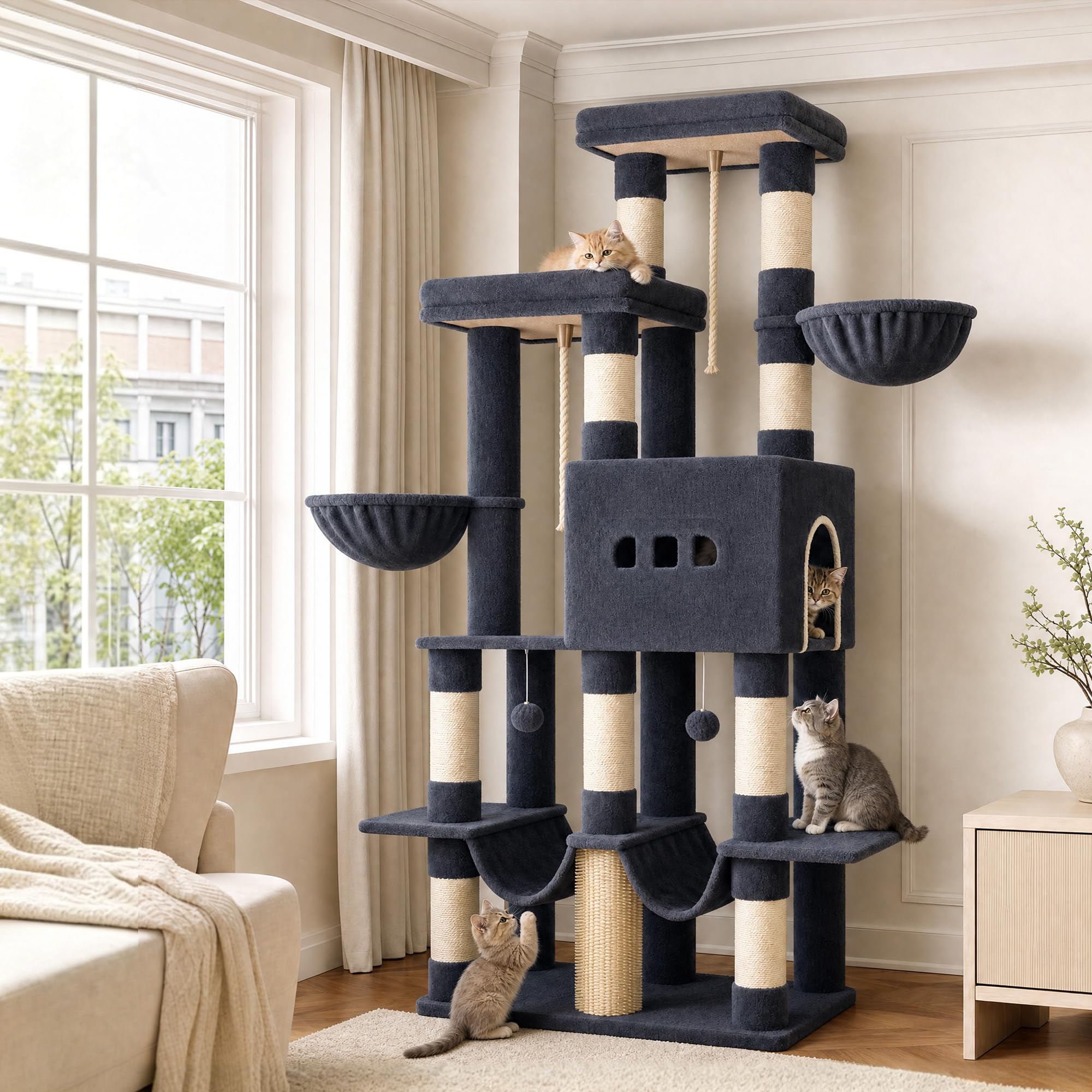 Hzuaneri Cat Tree, 176 cm XL Large Cat Tree for Maine Coon, Tall Cat Tower for Large Cats with 9 Scratching Posts, Widened Baseboard Condo, 2 Platforms, 2 Hammocks, 2 Baskets, Dark Grey MS17218SG