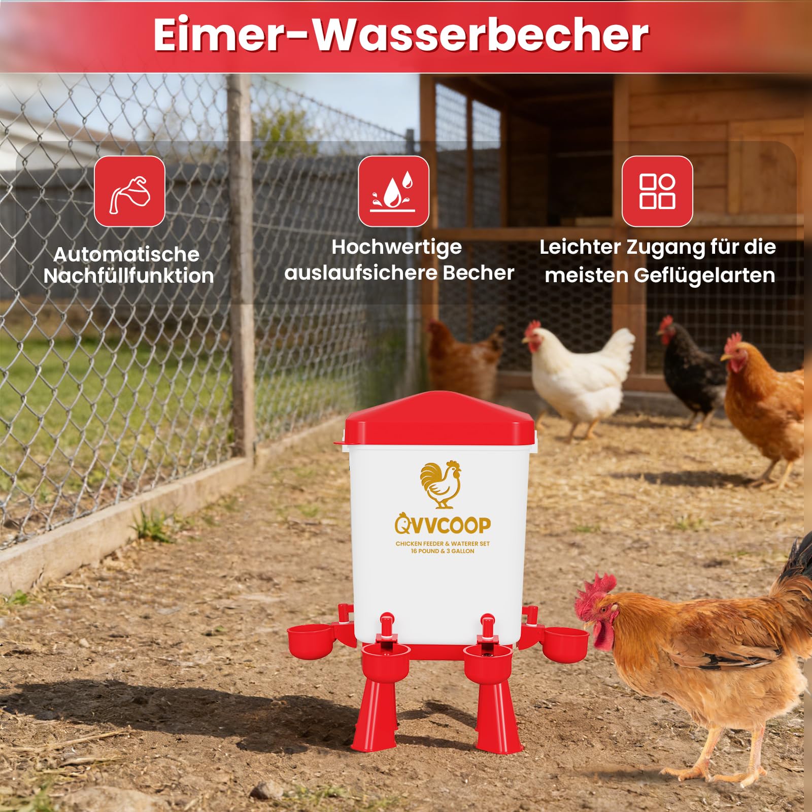 Futterautomat Hühner und Hühnertränke 11 Liter, Wassertränke Hühner mit 5 Bechern und 3 Futteröffnungen, Keine Verschwendung, Geflügeltränke, Hühnerzubehör für Hennen/Enten/Geflügel/Vögel, Rot