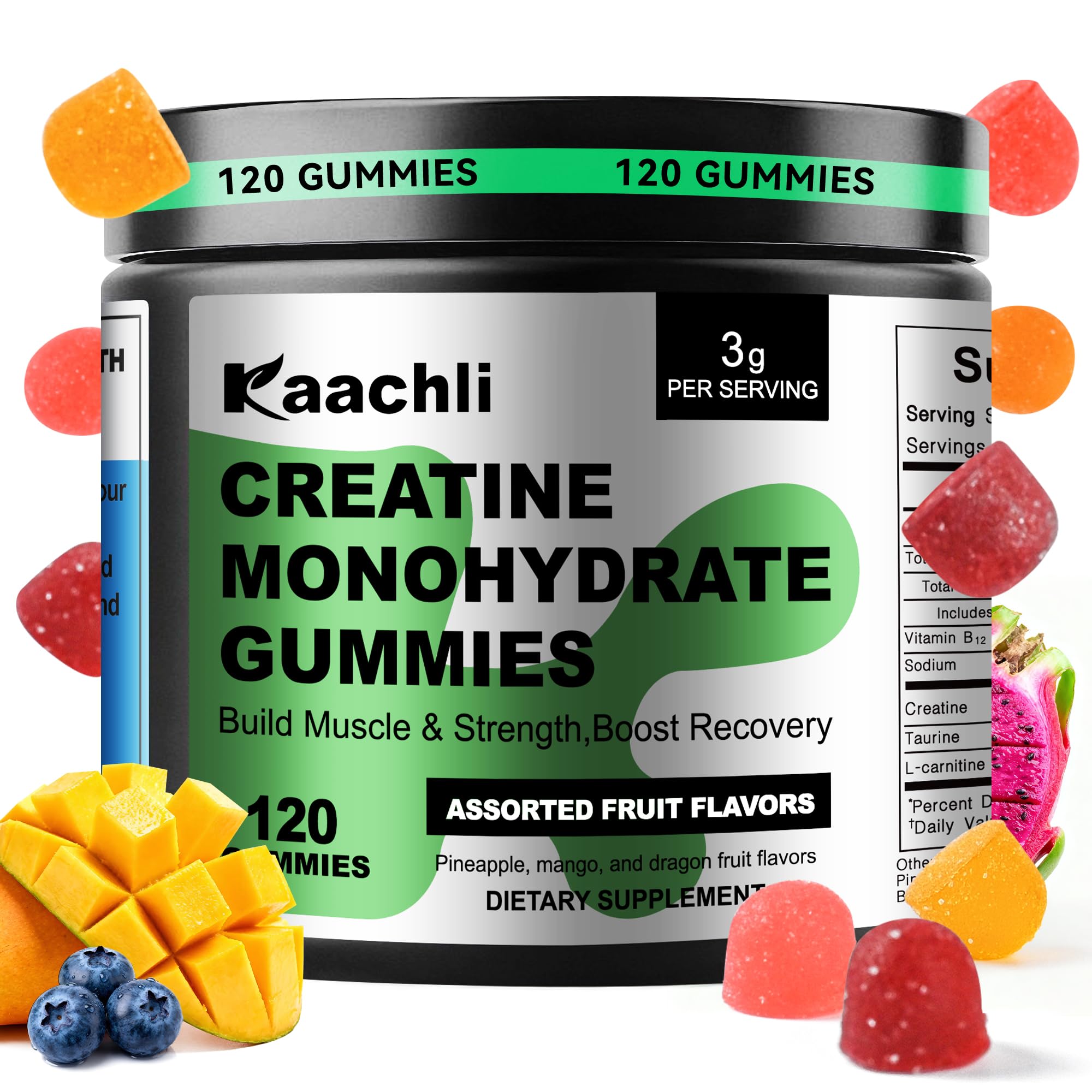KAACHLI Creatina monohidratada com taurina e L-carnitina 3000 mg, 120 gomas