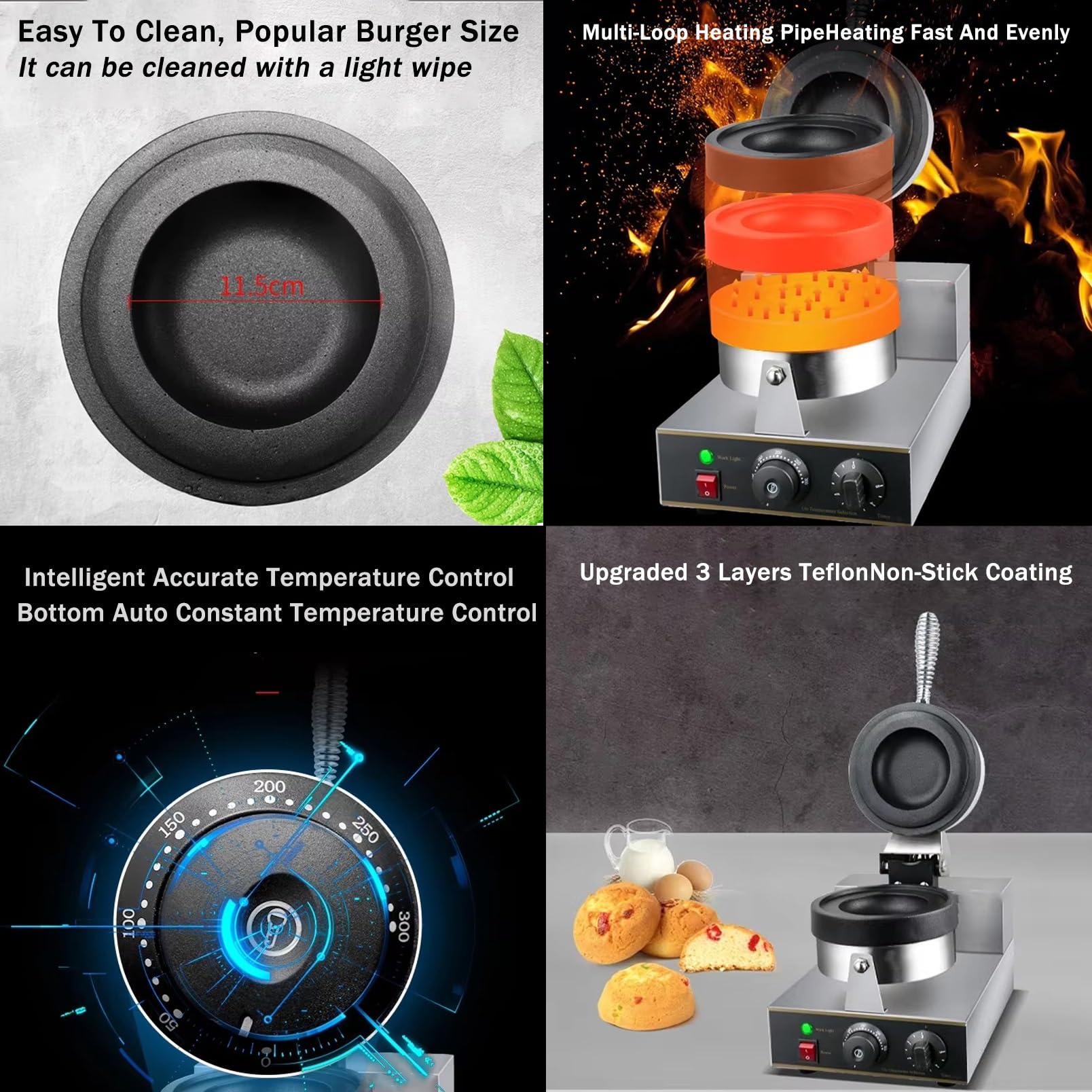 Pressa per hamburger commerciale, UFO Burger Maker 1300W, macchina per panini, pressa per panini antiaderente commerciale, macchina per hamburger, temperatura regolabile da 50 a 300°C per us