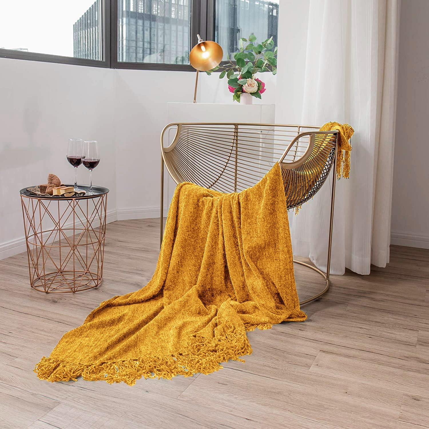 Cazimo Soft Chenille Throw Blanket for Sofa/Couch and Bed - 60 * 50 inches | Summer Friendly, Cozy and Stylish | Green, Pack of 1, Yellow