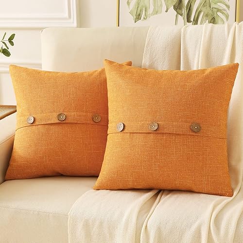 HAUSSY Juego de 2 fundas de almohada decorativas de lino naranja de 18 x 18 pulgadas, fundas de cojín cuadradas con 3 botones vintage, decoración