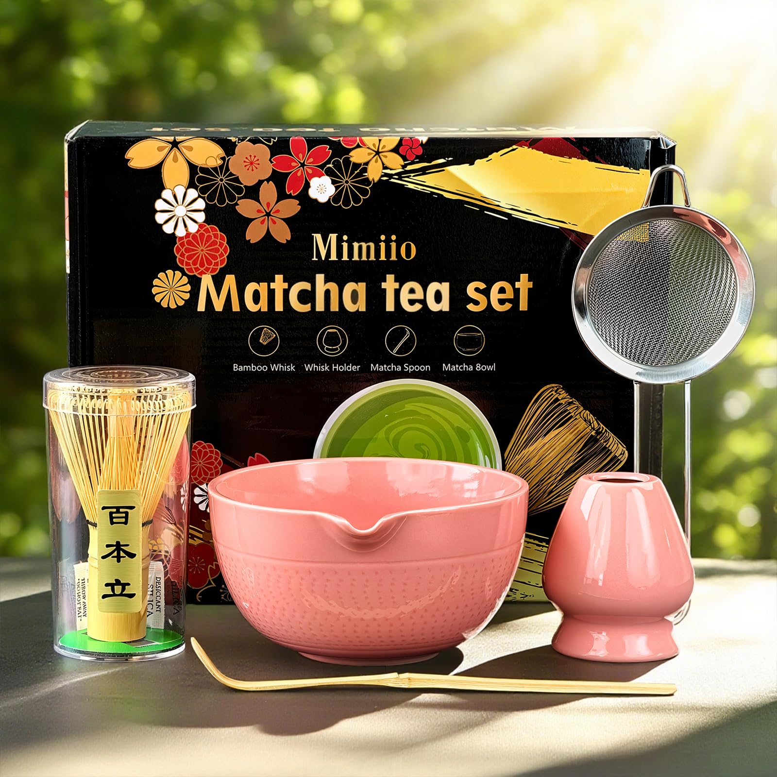 Rosa Matcha Kit con Frusta, 5 Pezzi Macha Tea Kit, Completo Matcha Whisk Set con pink matcha ciotola con beccuccio, frustino bambù(chasen), supporto, setaccio, cucchiaio, Giapponese Matcha Polvere Kit