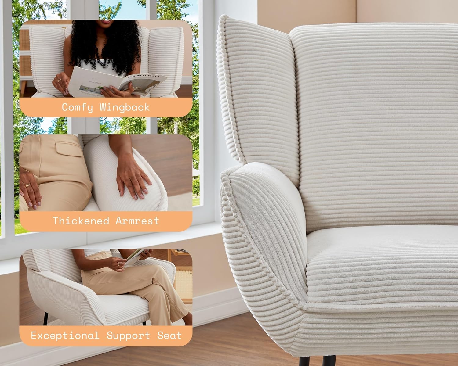 AMERLIFE Accent Chair- Upholstered Living Room Chair with High Wingback, White Reading Armchair for Bedroom, Comfy Corduroy Chair