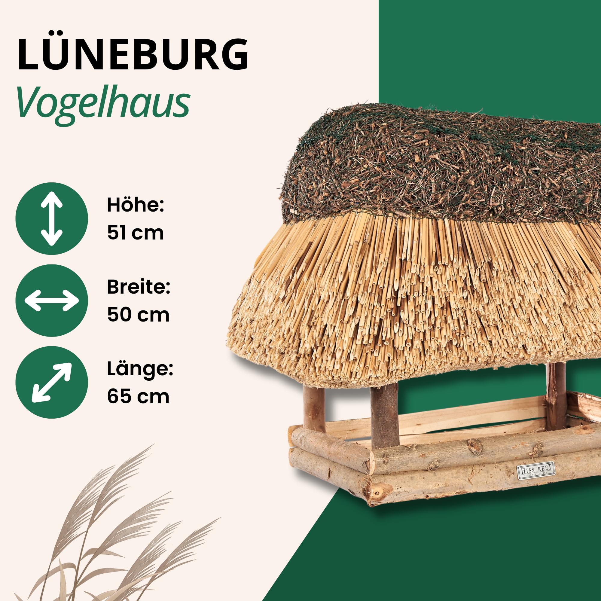 Vogelfutterhaus, Vogelhaus - mit Reetdach I Futterhaus für Vögel aus Eukalyptus Holz I LÜNEBURG I ideal für Balkon und Garten I wetterfest I XL Größe (ca. 65 cm Länge)