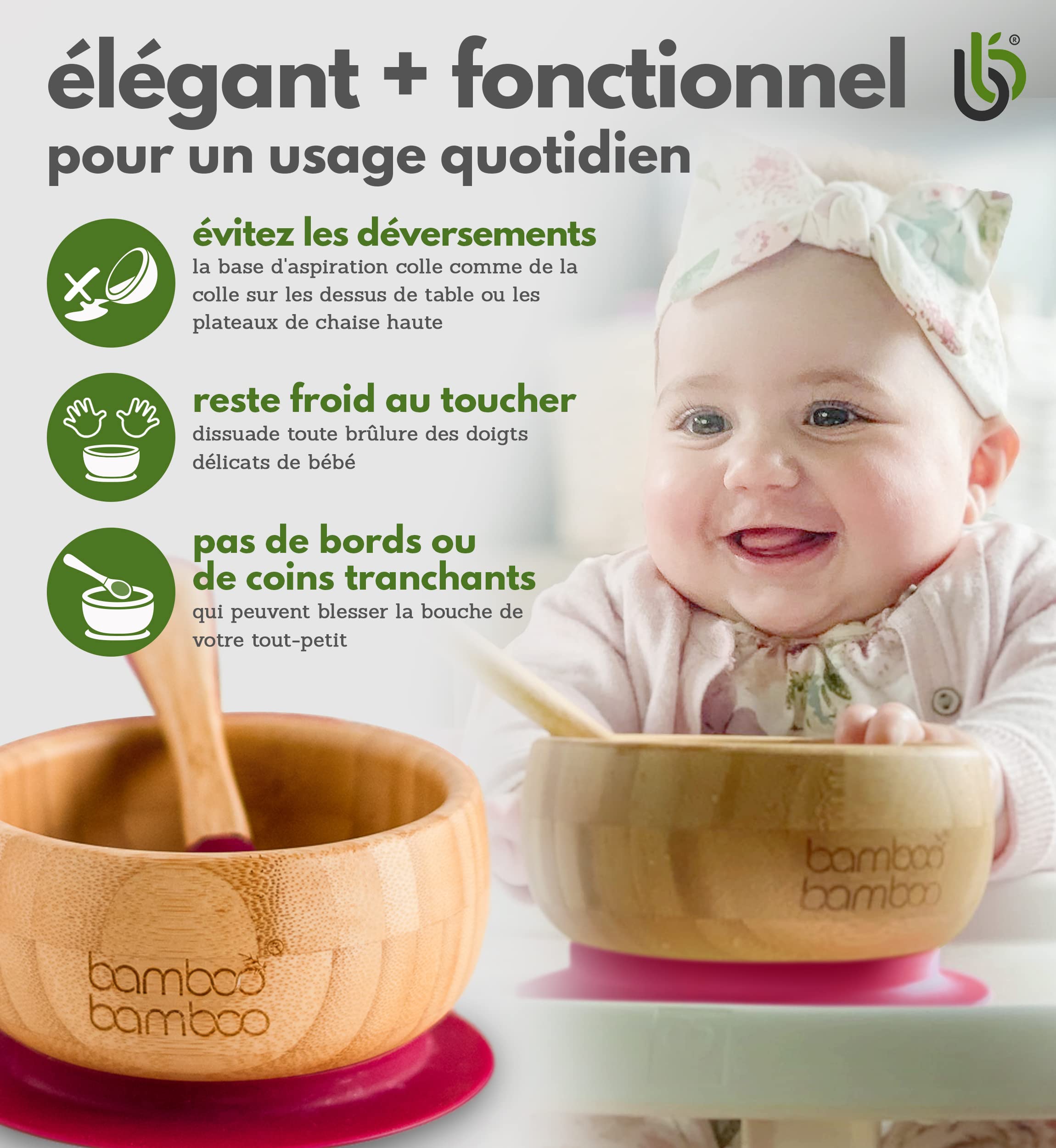 bamboo bamboo Ensemble Bols de Sevrage et Cuillères pour Bébés Avec Anneau d’aspiration en Silicone, Bols pour Tout-petits avec Cuillère pour Bébés à partir de 6 mois (Cerise)