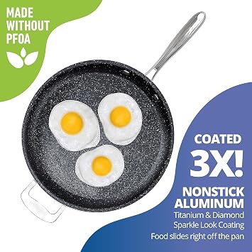 Granitestone 14 Inch Large Non stick Frying Pan for Cooking, Frying Pans Nonstick, Ultra Durable Mineral and Diamond Coating, Family Sized Open Skillet, Oven and Dishwasher Safe, Black