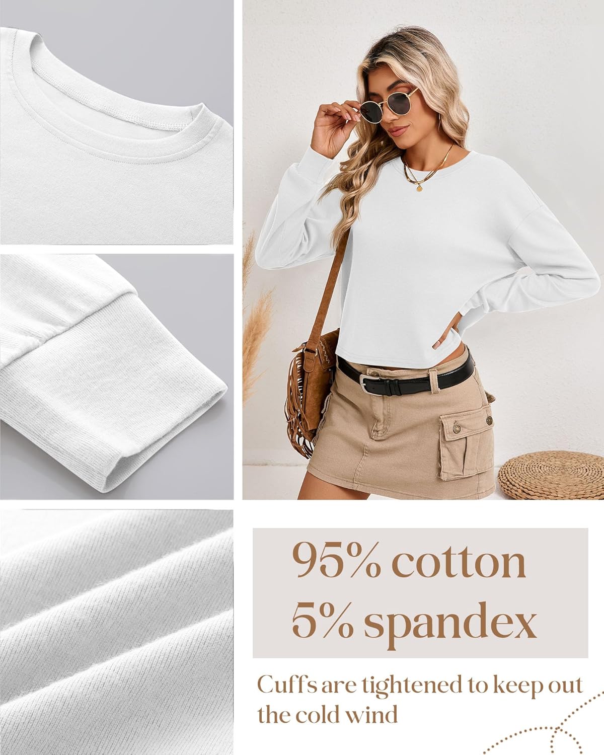 Ficerd 3 Pack Cotton Cropped Long Sleeve Tops for Women Loose Fit Crew Neck Drop Shoulder Crop T Shirts Basic Tee - Image 5