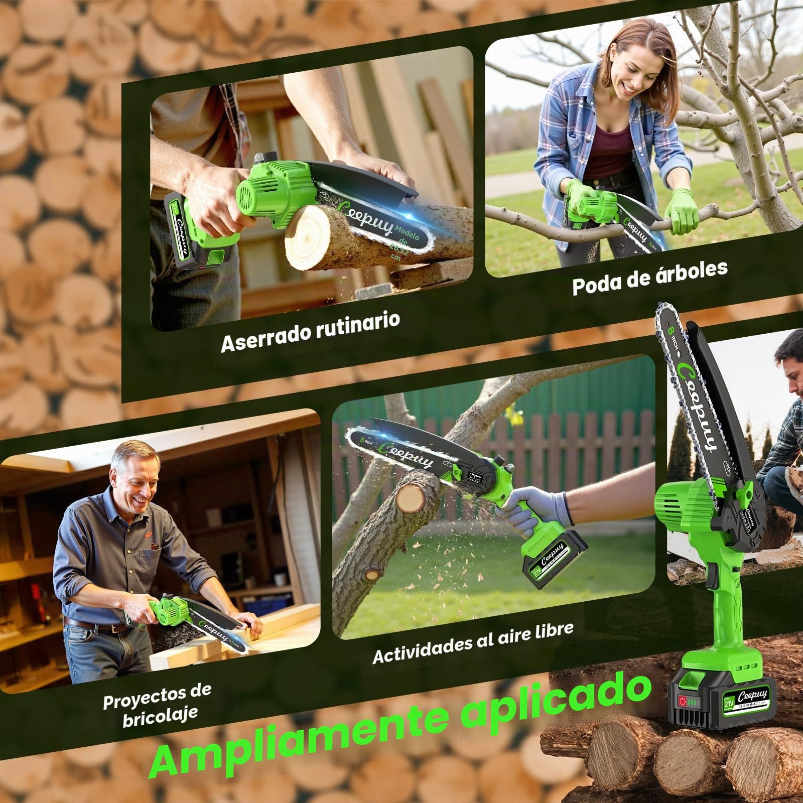 8 Pulgadas Mini Motosierra Inalámbrica 2x4000mAh Batería Sierra Eléctrica de Mano con Cadena Acero al Manganeso y Engrasador Automático Motosierra Pequeña Portátil para Podar Árboles y Cortar Madera