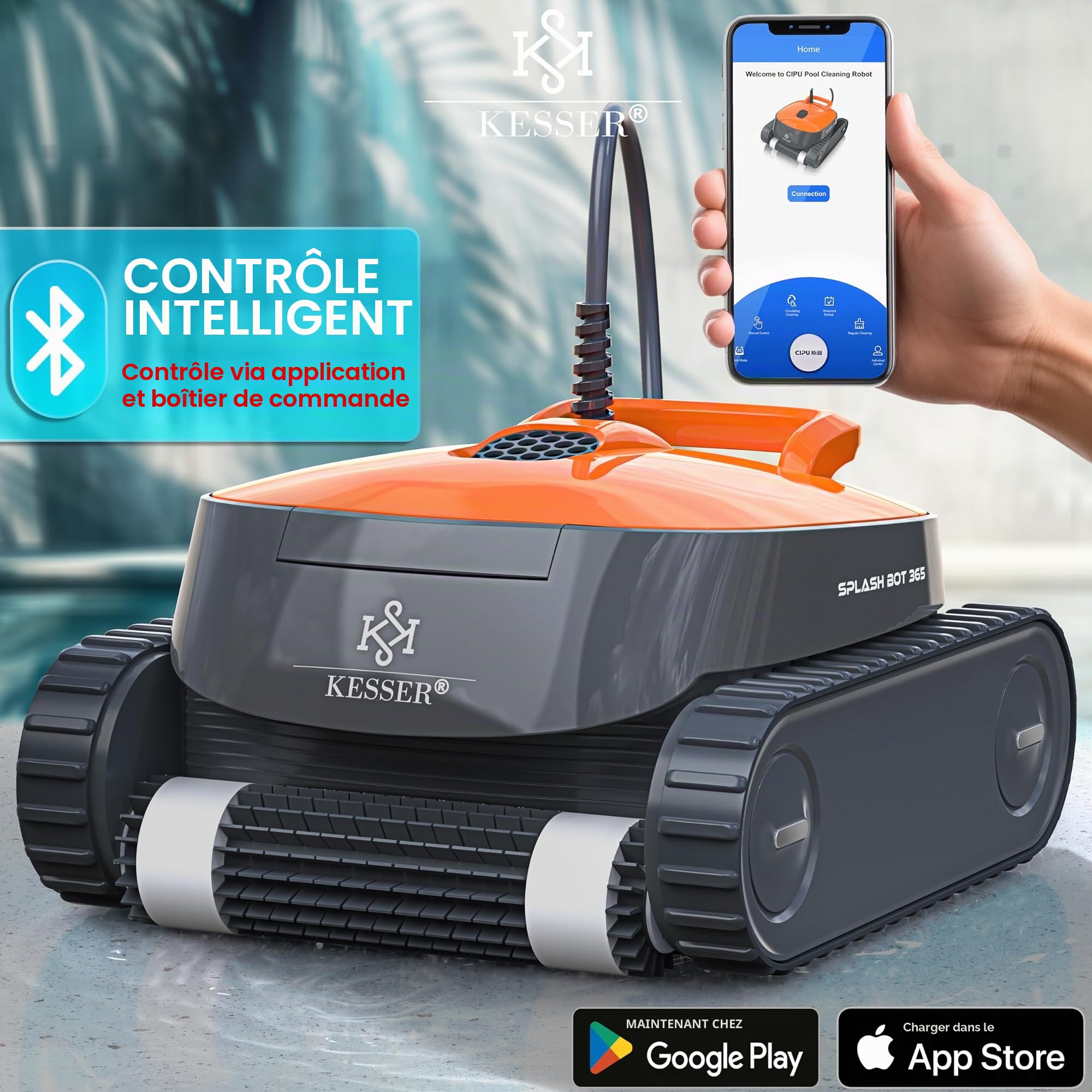 KESSER Robot de piscine pour sol et mur jusqu'à 100 m², nettoyage de ligne d'eau, nettoyeur automatique de piscine avec fonction application et module de commande, aspirateur pour piscine encastrée