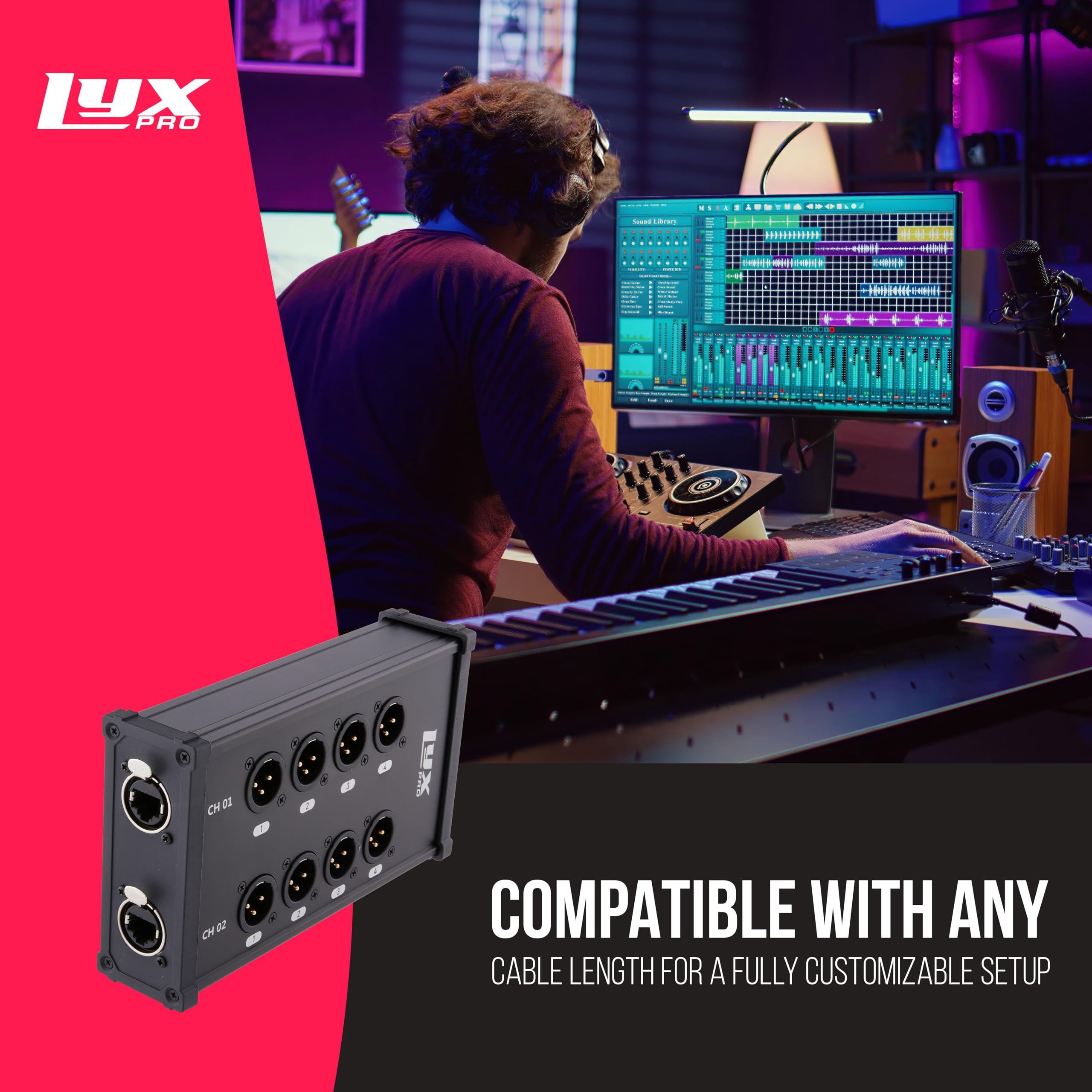 LyxPro Cable XLR multired de 8 canales de doble entrada de 3 pines para estudio de sonido, iluminación y grabación de escenario, macho a RJ45 Ethercon, ideal para sonido, configuración de iluminación,