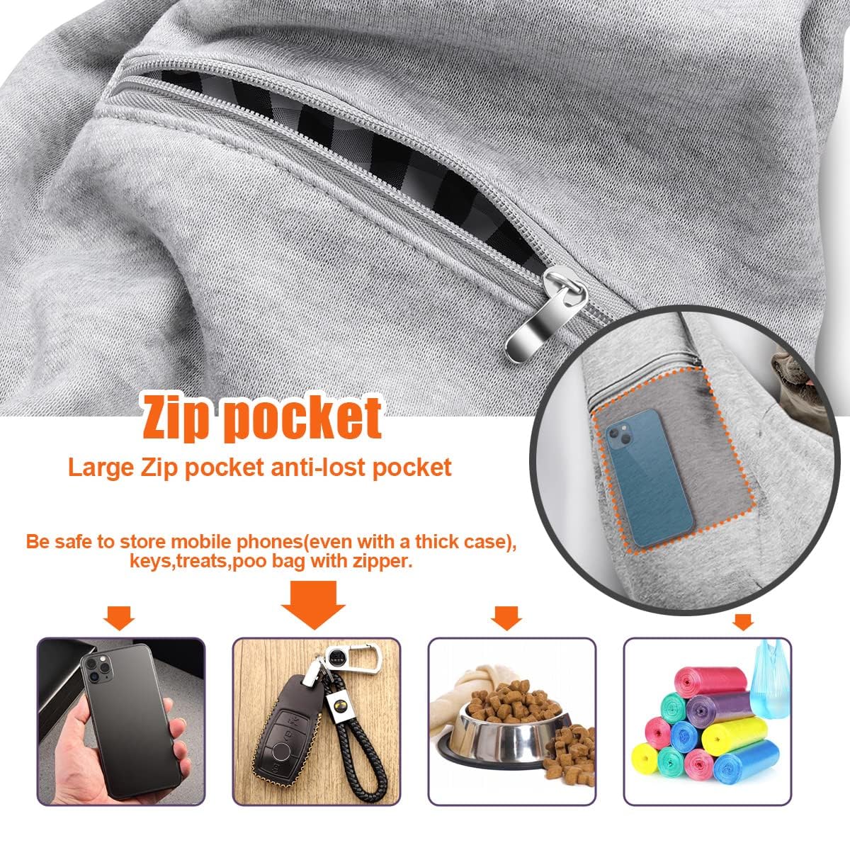 Tomkas Dog Carrier Sling - Pet Carrier for Small Dogs and Cats, Adjustable Strap, Zip Pocket, Snap Closure (Grey, M - Adjustable Strap EU)