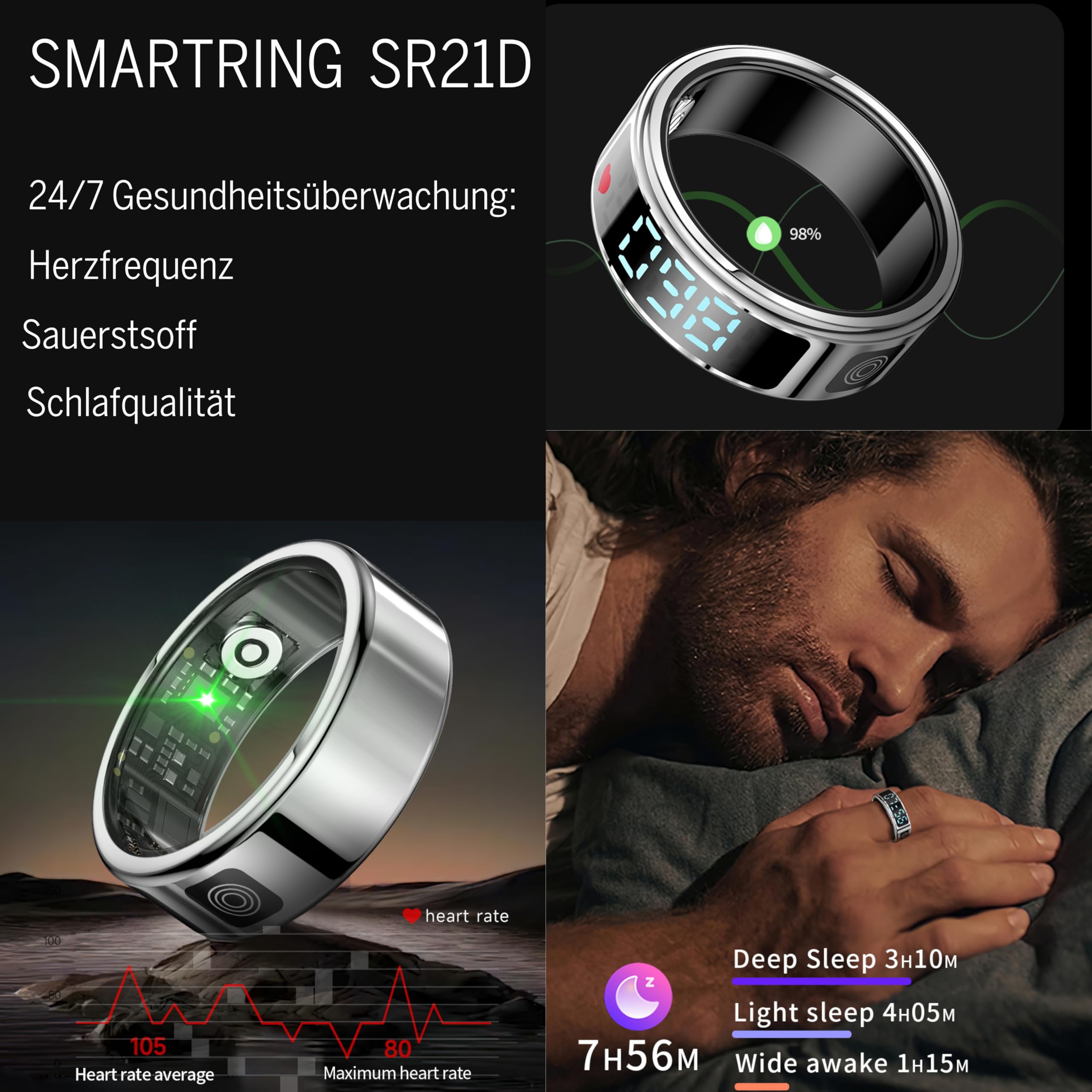 Beafon, Felixx SR21D Bague Intelligente avec écran LED, Bouton Tactile, Reconnaissance des gestes pour Applications, Noir, Taille 11 (64,6 mm), Suivi de Fitness, fréquence Cardiaque, Tissu Blush