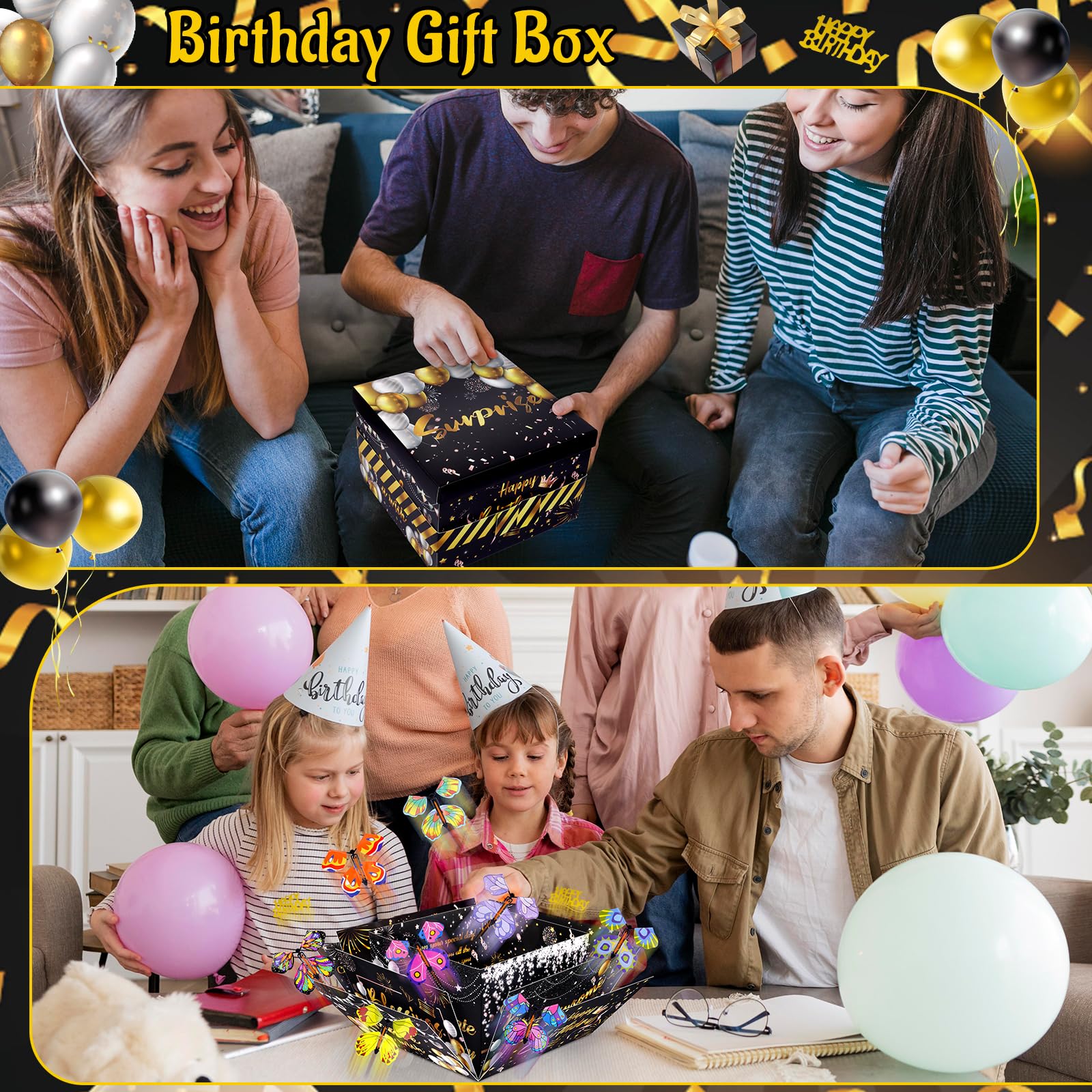 Surprise Gift Box Explosion, Birthday Flying Butterfly Explosion Gift Box with 8 Colorful Butterfly Sequins Raffia, Exploding Gifts Boxs for Birthday Gifts Wrapping