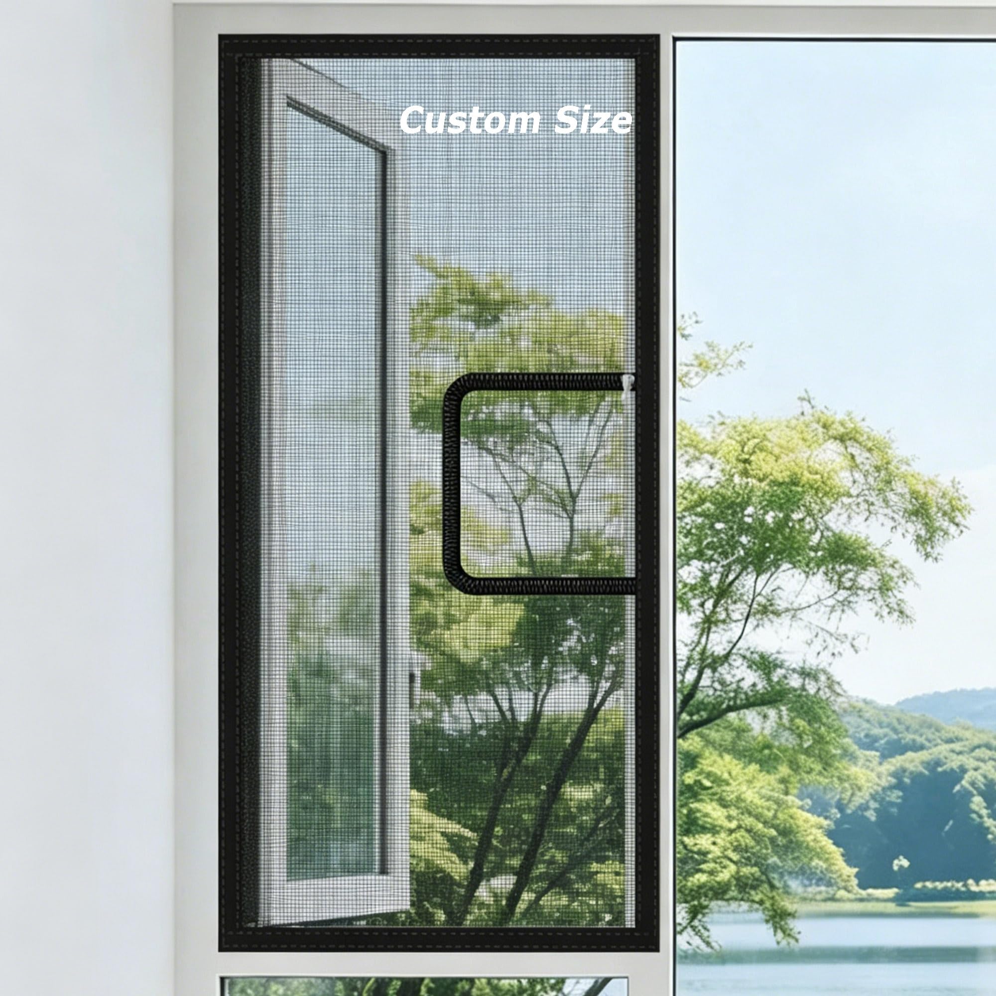 Duoleh Black Self-Adhesive Cat Window Guard Screen, Custom Size Cat Window Protection Netting Fly Mosquito Screen With Zipper, Indoor Pet Safety Netting, No Drilling Need