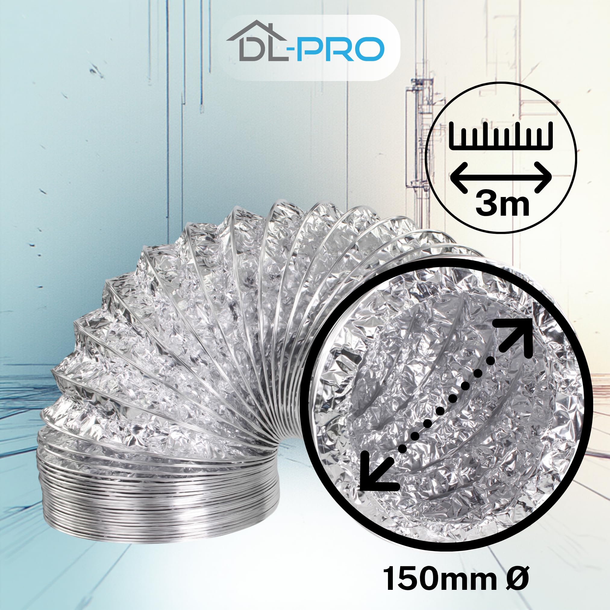 DL-pro Aluminiowy wąż powietrza wylotowego 3 m, Ø 150/152 mm, wąż aluminiowy, rura wylotowa, wąż wentylacyjny do klimatyzacji, suszarki do prania, okap kuchenny z obejmami W4, Ø 140-160 mm
