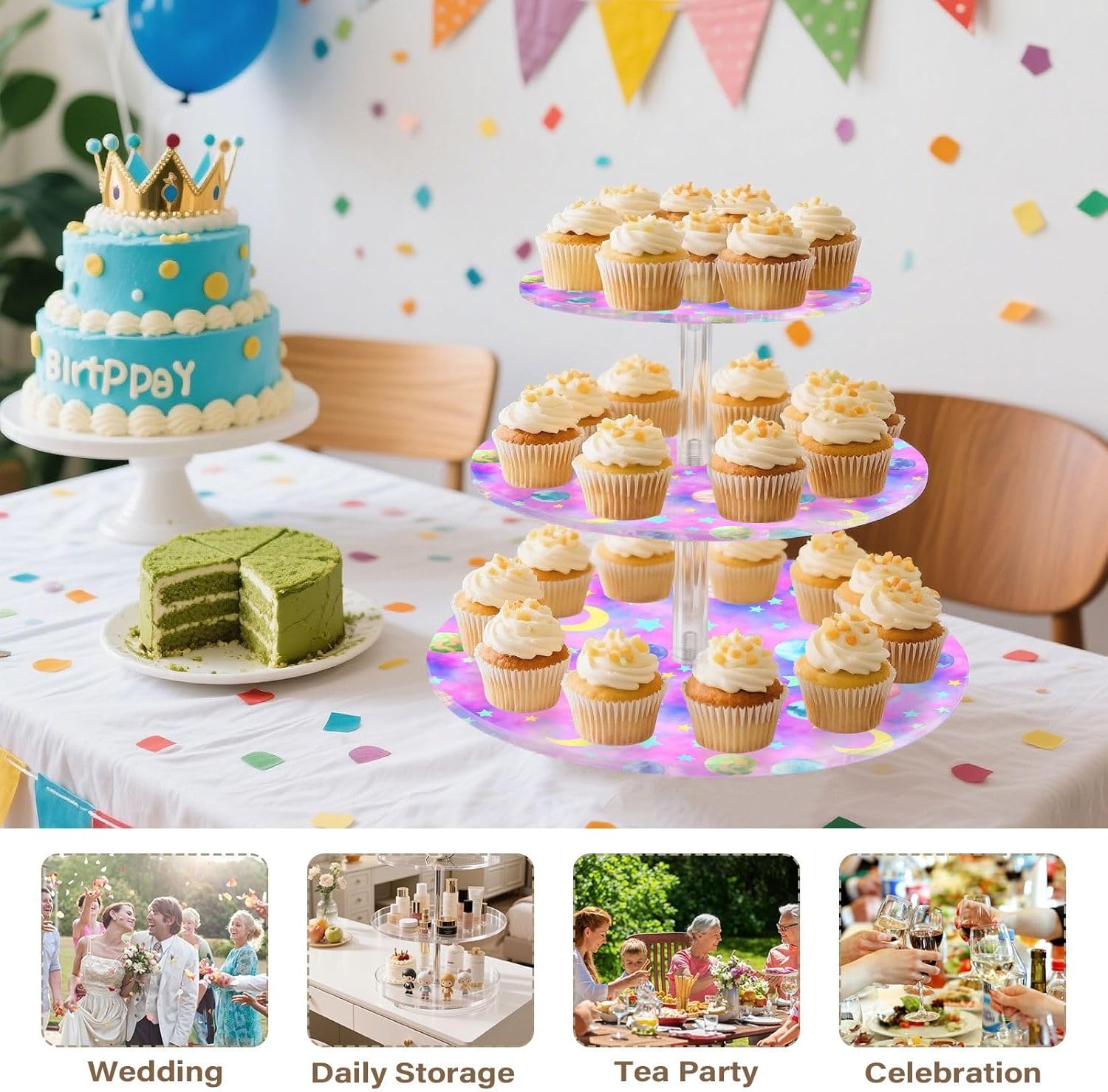 Planet Star Moon 3 Tier Acrylic Cupcake Stand, Cupcake Stand for 34 Cupcakes for Weddings, Christmas,Holidays,Parties,Birthday,Printed Cupcake Tower 23300456