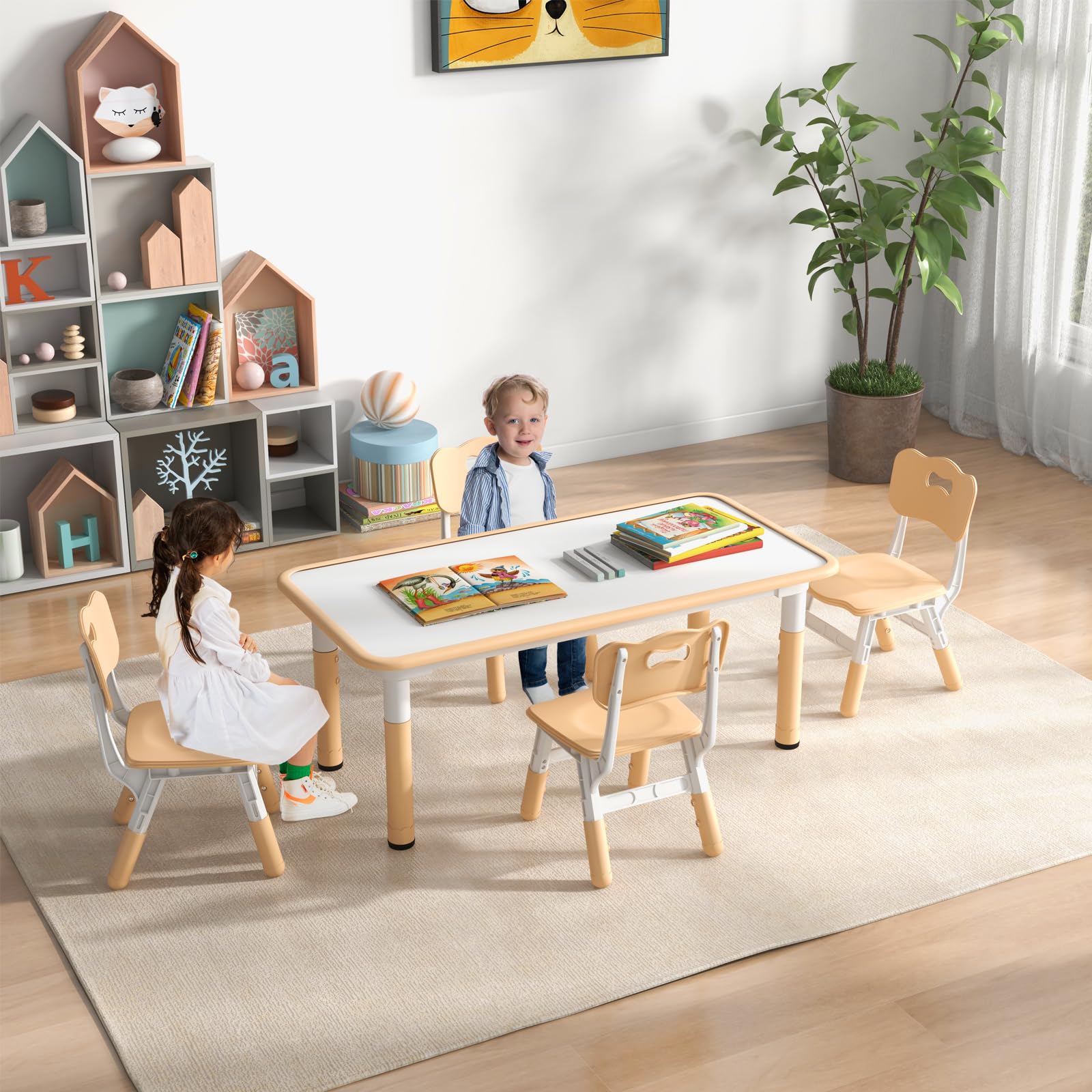 GOPLUS Table Enfant avec 4 Chaises, Réglable en Hauteur, Table a Dessin Enfant avec Plateau à Graffitis, Bureau d'Activité Bebe 18+ Mois pour Chambre d'enfant, Maternelle (Naturel)