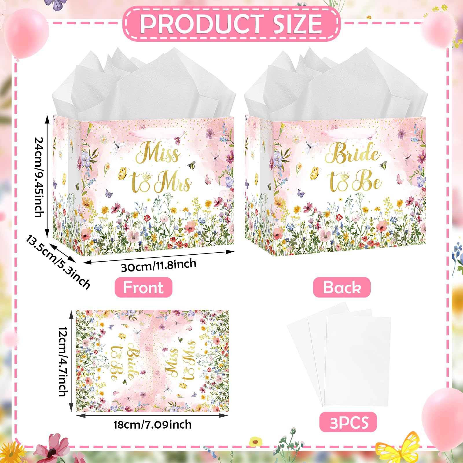 Bridal Shower Gift Bag Wedding Miss to Mrs Gifts Bag with Tissue and Card Bridal Shower Gift Wrapping Paper Bag Floral Wedding Gift Bags Bride Engagement Bachelorette Party Bag Bride to Be Gifts