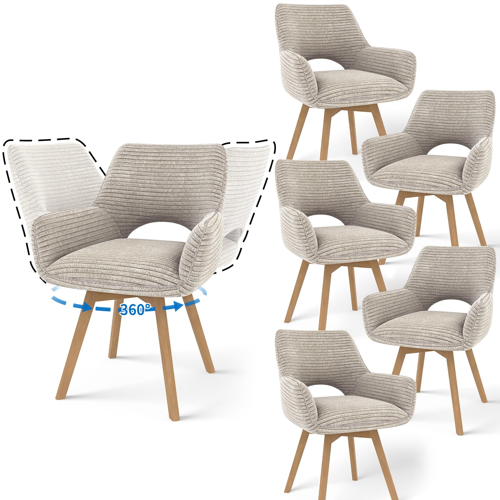 JIJIAN 6er Set 360° Drehbare Esszimmerstühle mit Armlehnen, Taupe | Drehbar Stühle Esszimmer mit Holzbeinen, Moderner Küchenstuhl aus Cord, Polsterstuhl für Esszimmer, Küche, Wohnzimmer