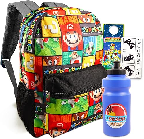 Super Mario Juego de mochila de suministros escolares - Mochila de 16 pulgadas, botella, calcomanías, más, Mochila Sapo Mario, Mochila Mario para