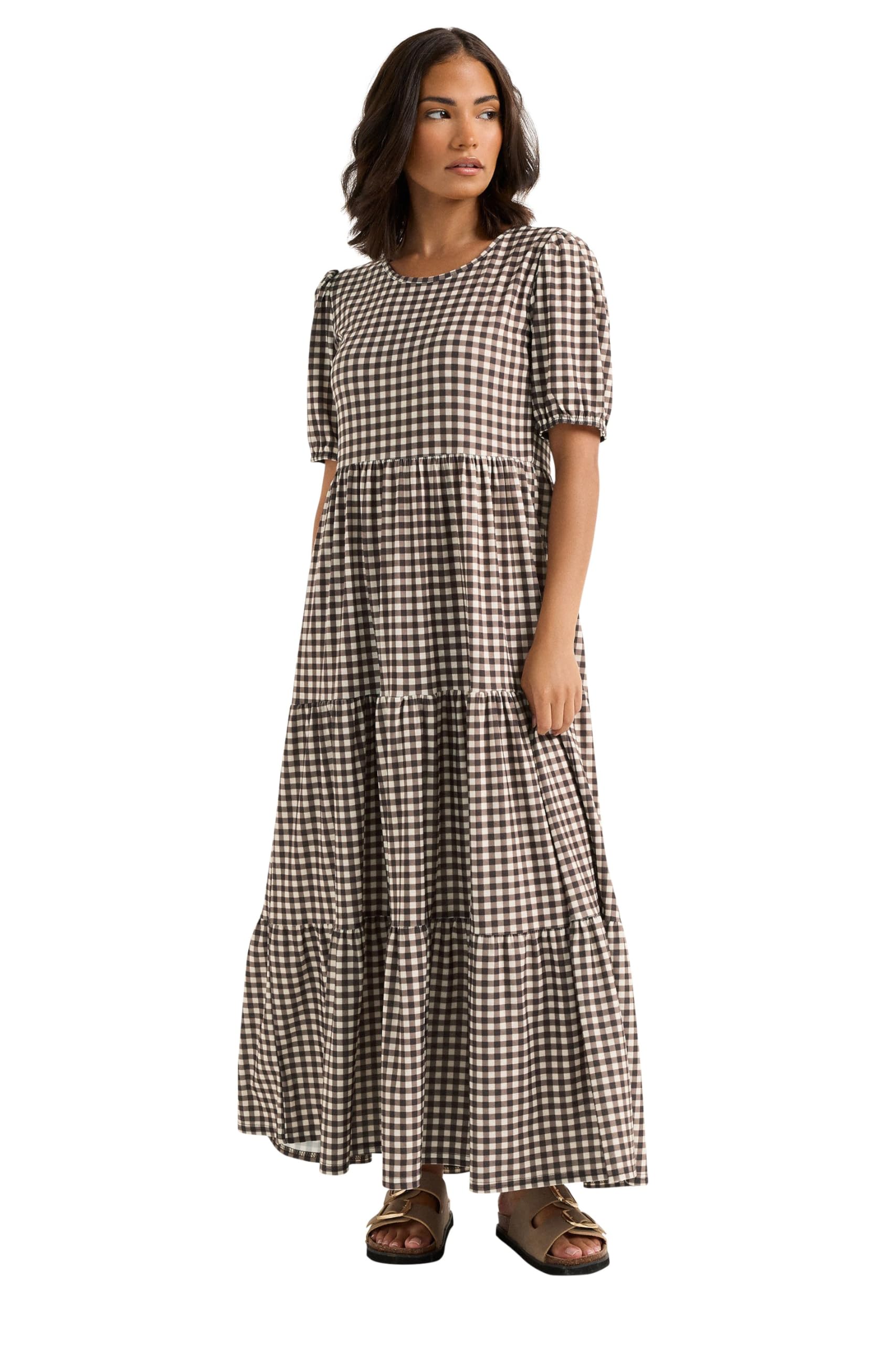 Pixiegirl Women's Brown Petite Gingham Tiered Maxi Dress Petite Size 10