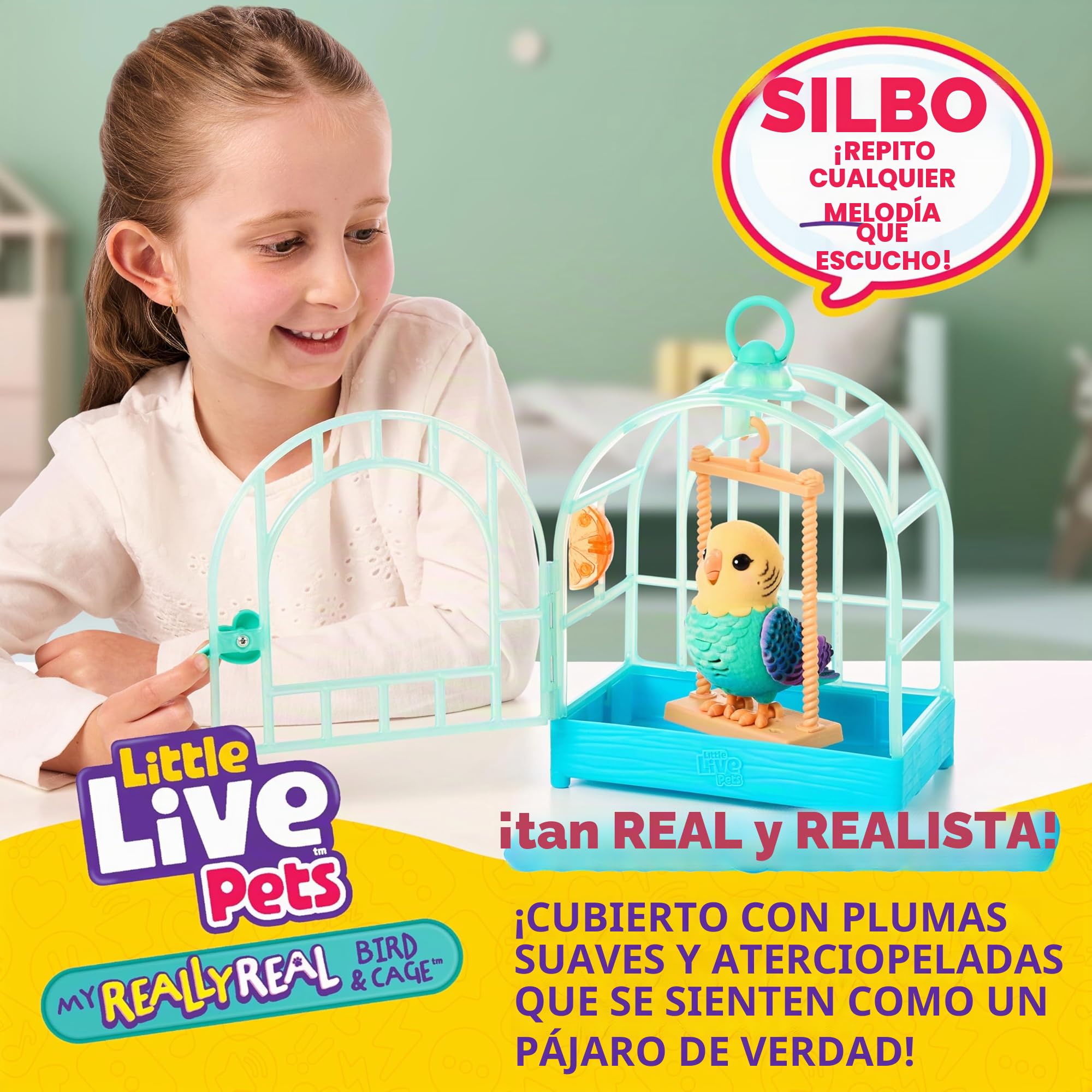My Really Real Bird & Cage de Little Live Pets - Indie, Pájaro interactivo, realista, Más de 20 sonidos y reacciones, Jaula: 25 cm, pájaro: 10,9 cm, Graba y repite o responde silbando, Jaula portátil