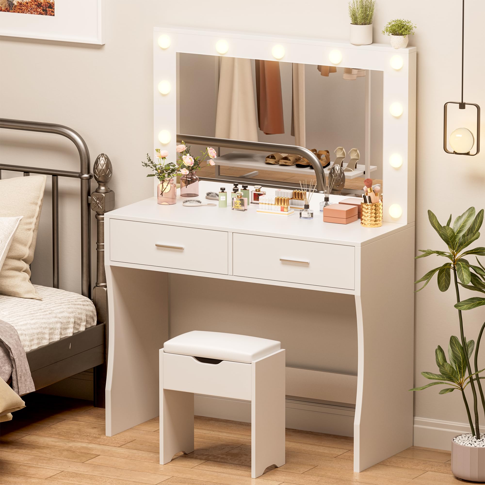 YESHOMY Vanity Desk with Mirror, Makeup Table with 11 Adjustable LED Lights and 2 Spacious Drawers, Soft-Padded Storage Stool, 3 Lighting Modes with Control, for Bedroom, White
