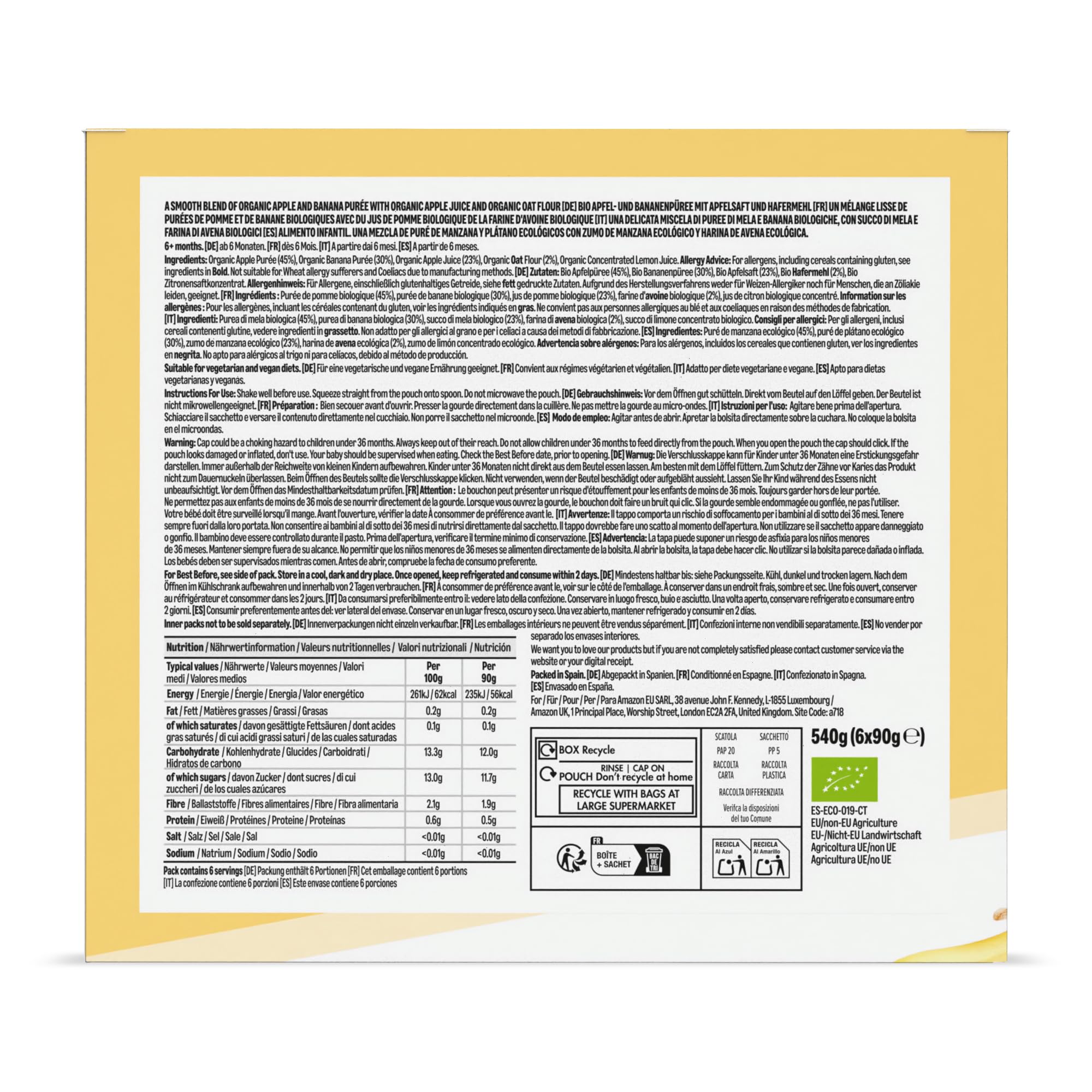 Mama Bear Bolsitas de Puré de Manzana, Plátano y Avena Ecológico - 6 x 90g