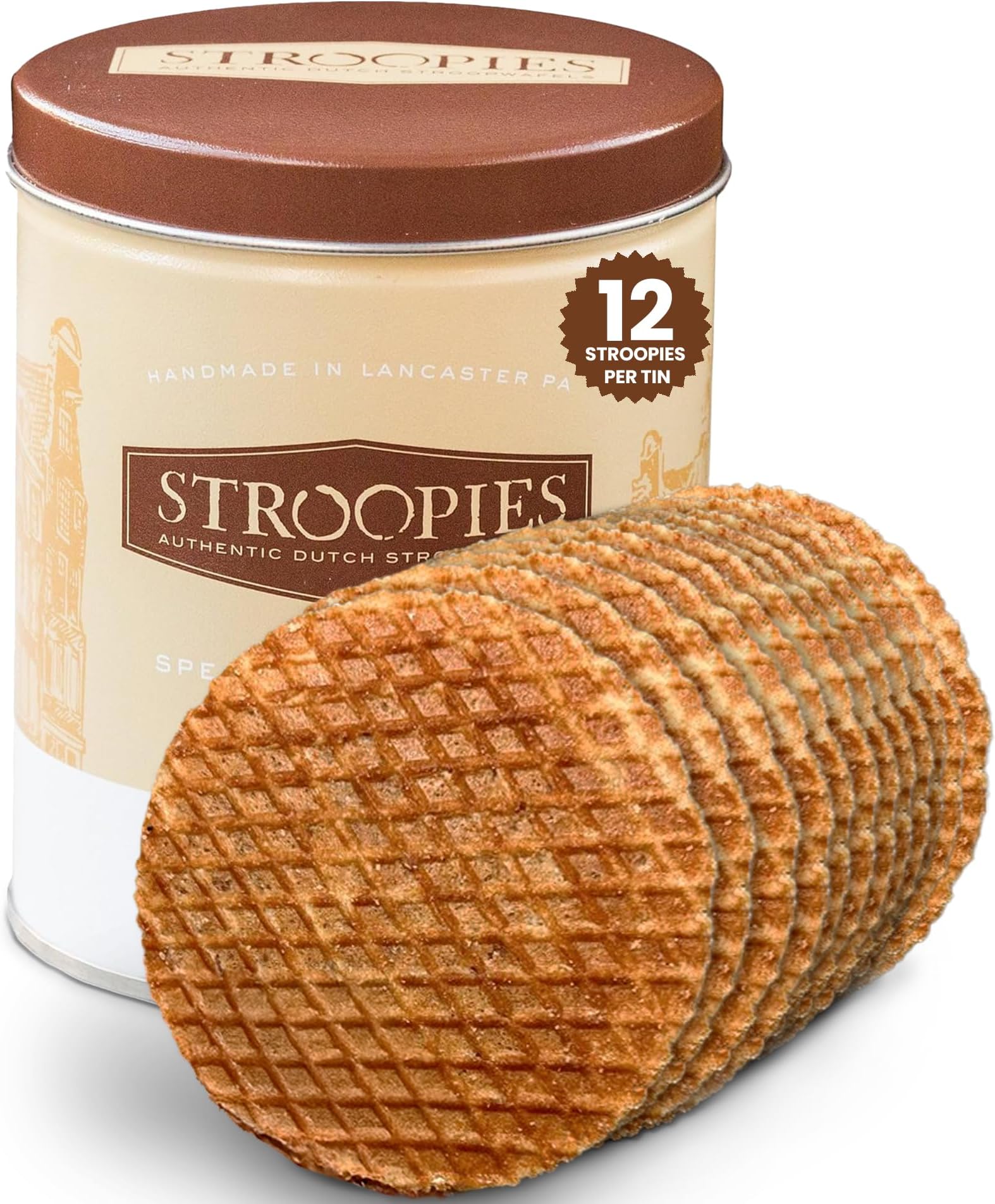 12 Traditional Dutch Stroopwafels - Caramel Filled Stroopies - Perfect Holiday Stroopwafel Tin - Waffle Cookies Perfect For Coffee, Tea & More - Dutch Cookies Handmade in USA