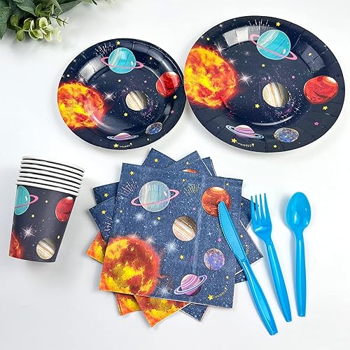 Miniatura 3 de Suministros para fiesta de cumpleaños del espacio exterior, juego de vajilla desechable para fiesta espacial, platos de papel, tazas, servilletas,