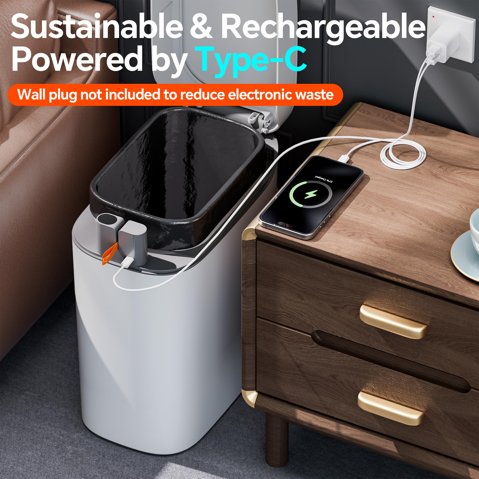 CTIME Cubo de basura de baño con tapa, cubo de basura delgado de 3.5 galones con sensor sin contacto, bote de basura inteligente de succión automática, adecuado para dormitorios, oficinas, cocinas y
