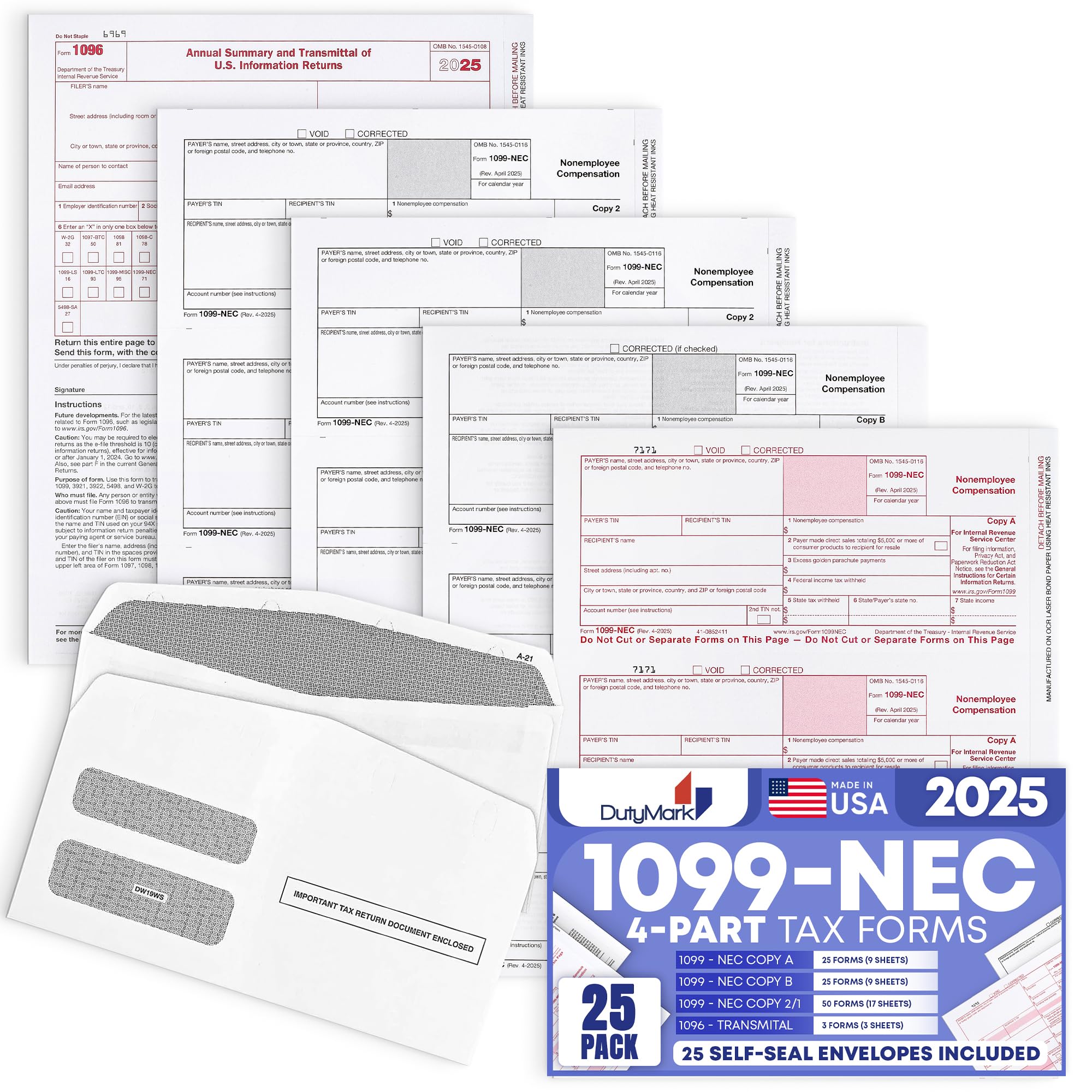 1099 NEC Forms 2025 for 25 Recipients 4 Part Laser Tax Forms Kit, 3 1096 Forms, 25 Security Self Seal Envelopes, Compatible with QuickBooks and Accounting Software, 2025 1099 NEC