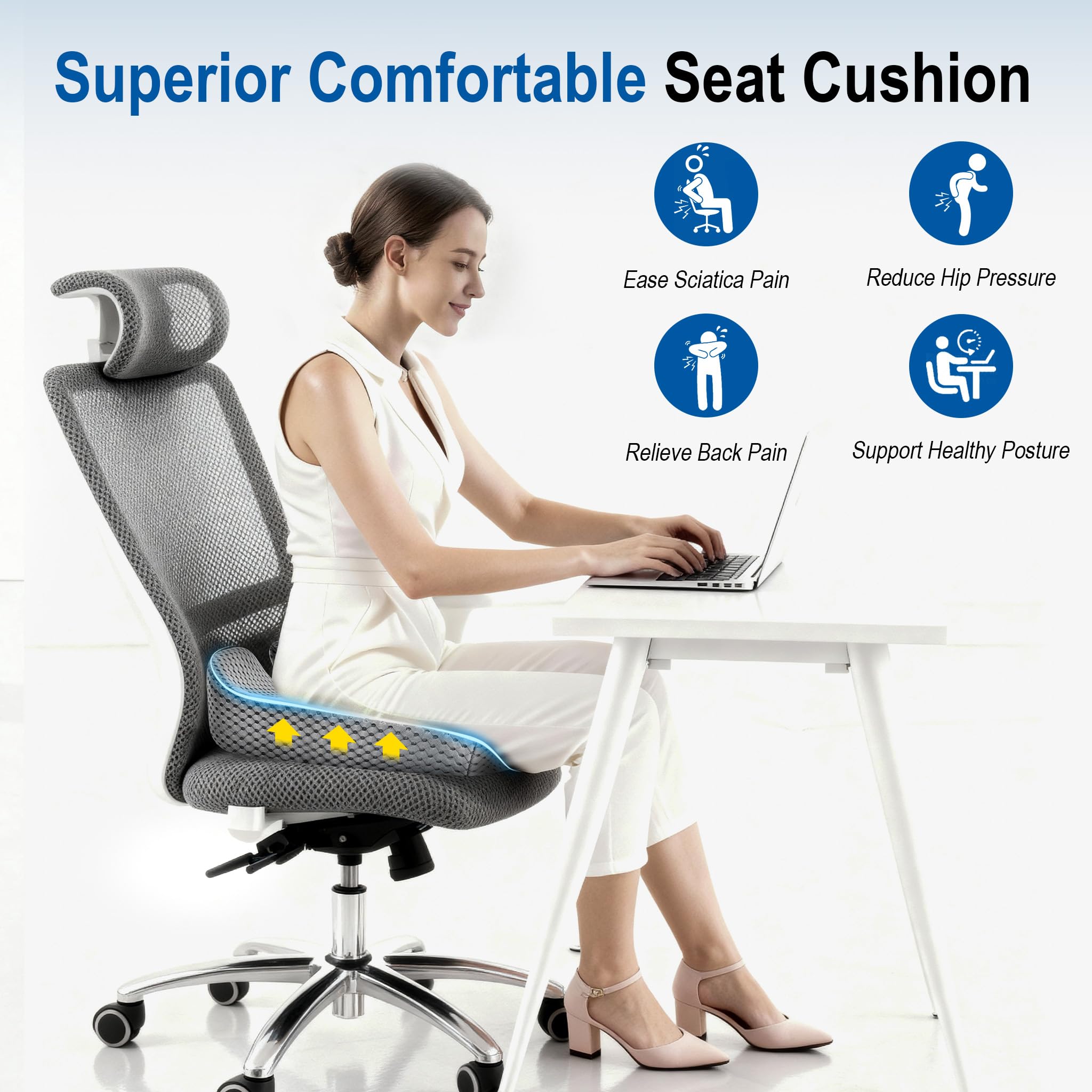 Lofty Aim Cojín de asiento de coche, cómoda almohada de espuma viscoelástica para conducir, alivio del dolor de espalda de ciática, cojín para coche, camión, oficina, silla de ruedas, grande y gris