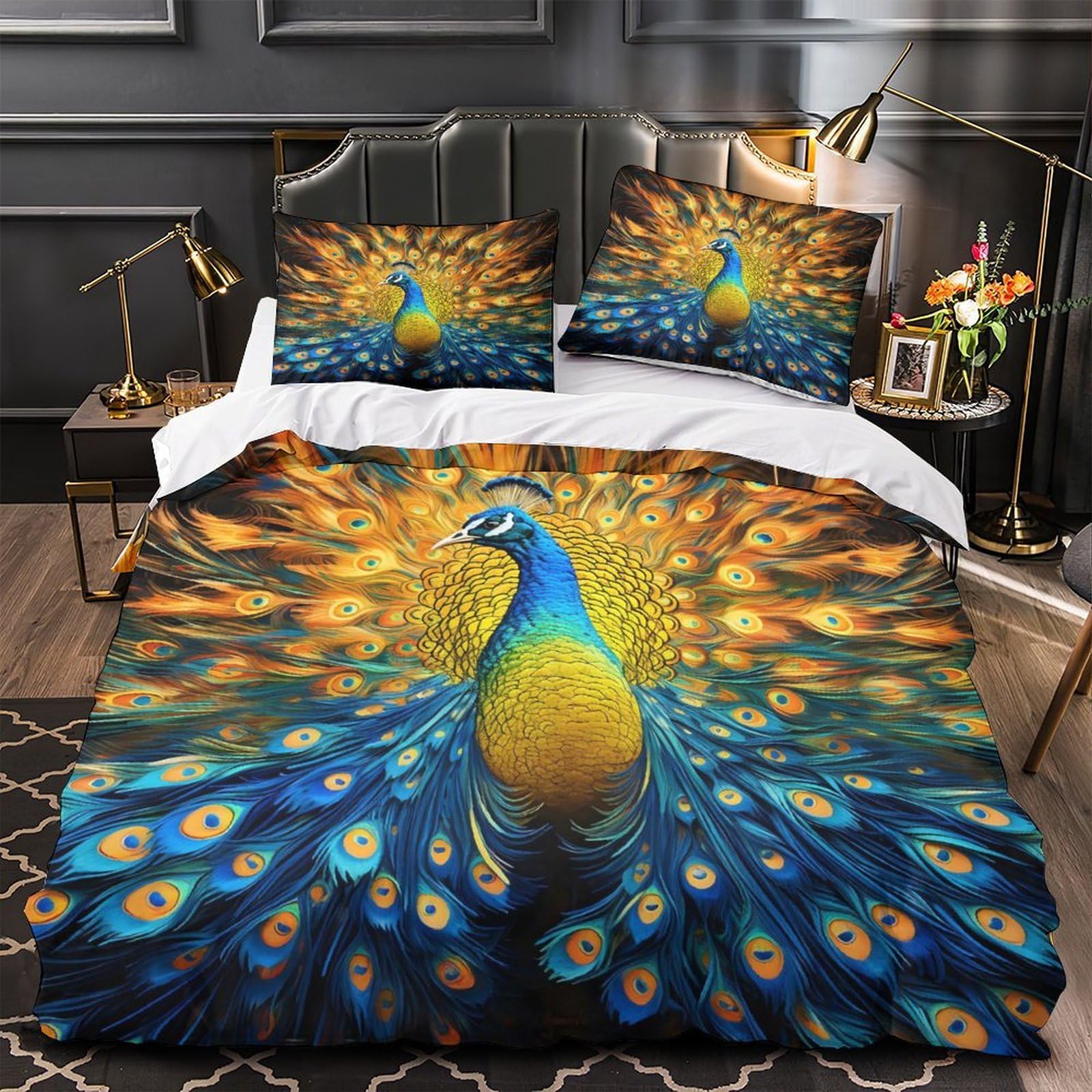 Housse de couette paon 3D à l'illustration vibrante et finitions haut de gamme