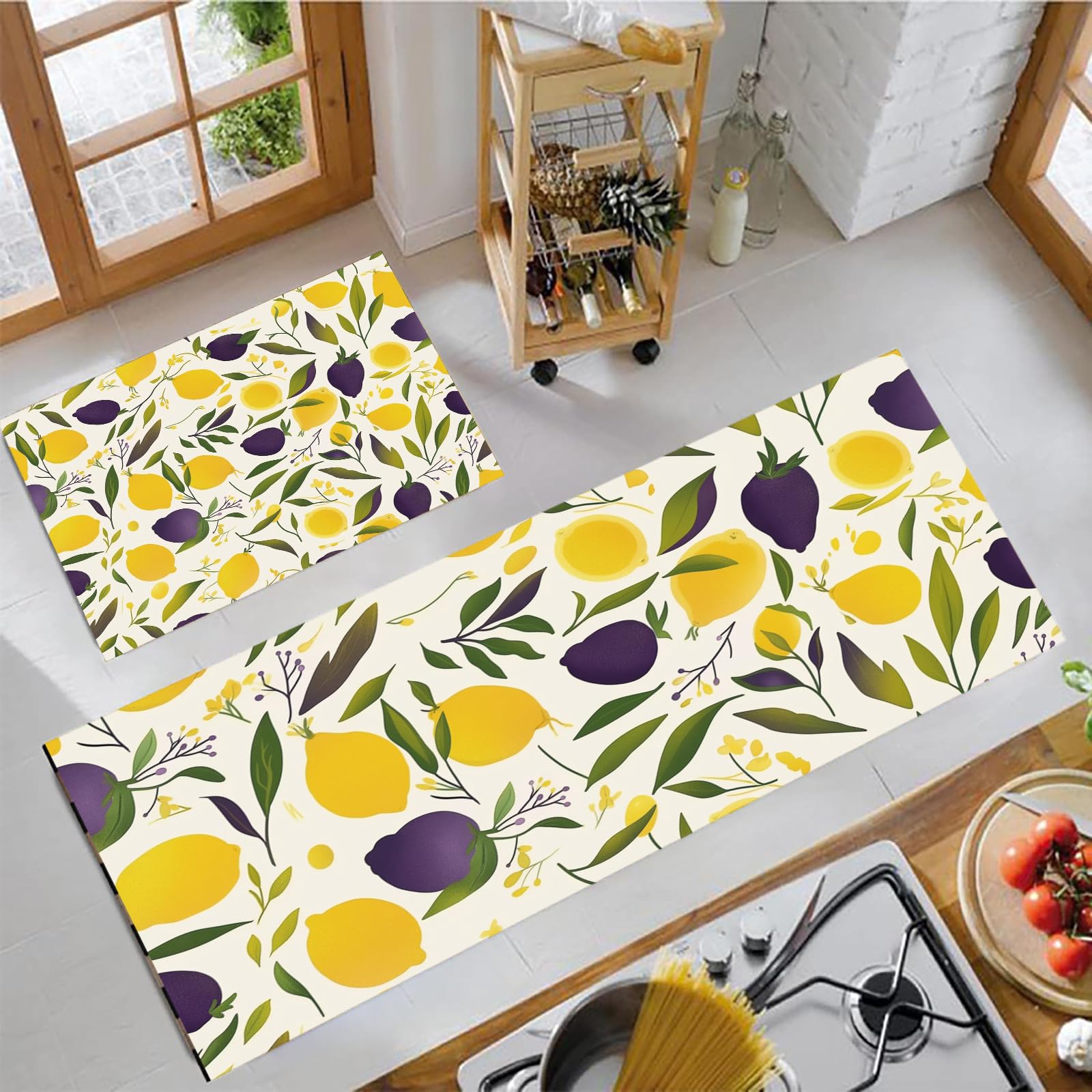Tapis de cuisine antidérapants pour entrée et couloir au motif citron jaune