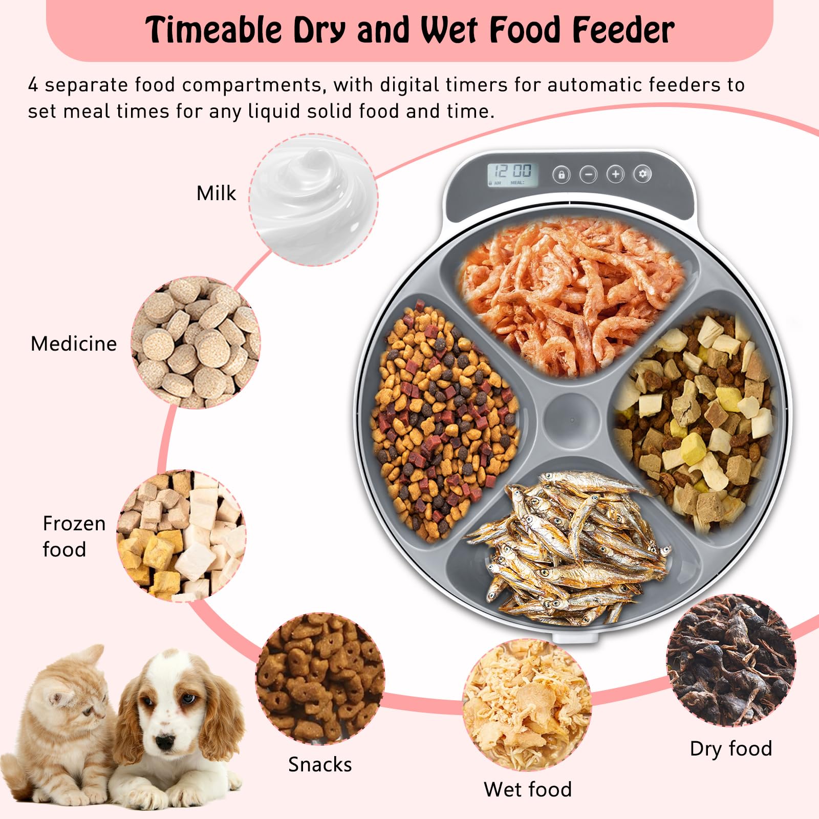 Comedero automático para gatos con pantalla digital, comedero para gatos y perros con temporizador digital para alimentos húmedos o secos para mascotas, 4 compartimentos de alimentos para 240 ml cada