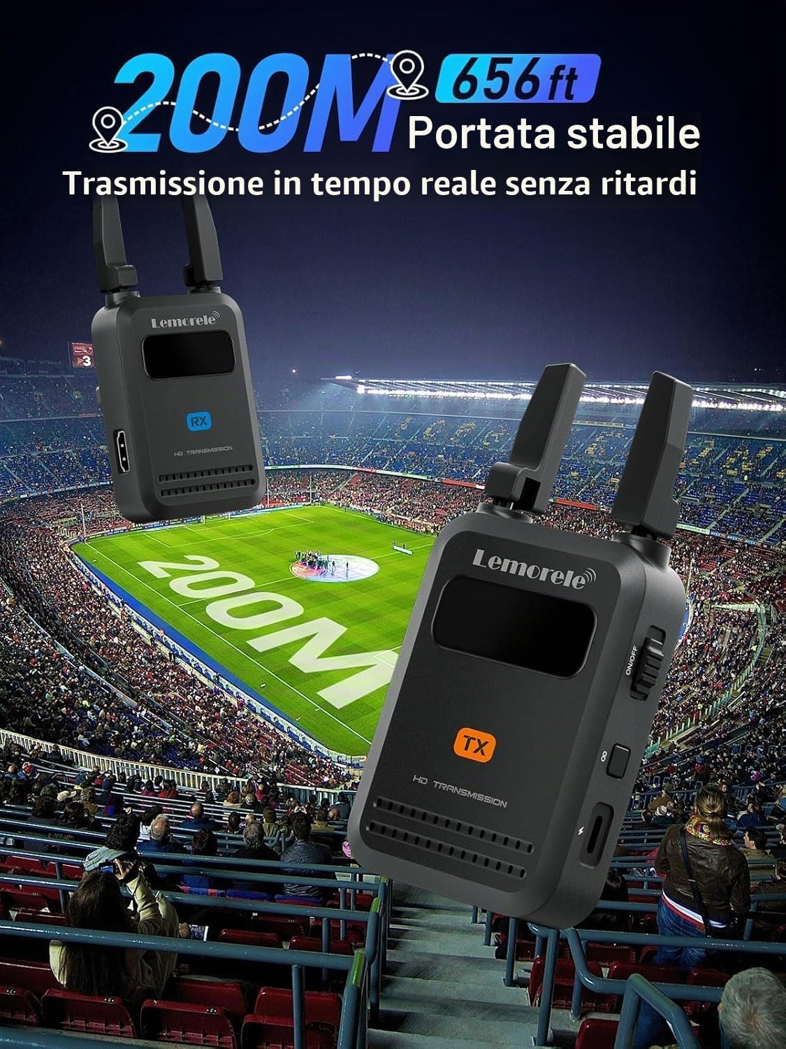 Trasmettitore Ricevitore Video HDMI Wireless Lemorele R5000, Portata 200 m, Doppia Antenna 5G Hz, Latenza 50 ms, Supporto fino a 4 Ricevitori, con App Mobile