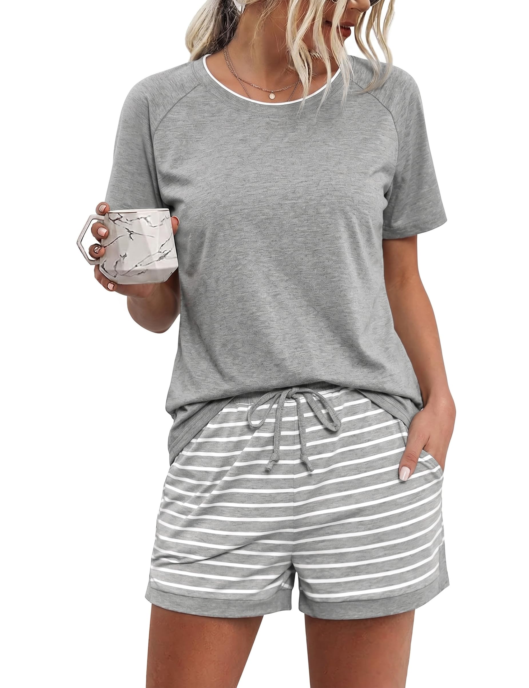 Litherday Schlafanzug Damen Kurz Pyjama Kurzarm Baumwolle Pyjamas Set Nachtwäsche Set Zweiteiliger mit Damen Pyjamahose und Shirt Rundhals Elastischer Bund Taschen Sleepwear Sommer