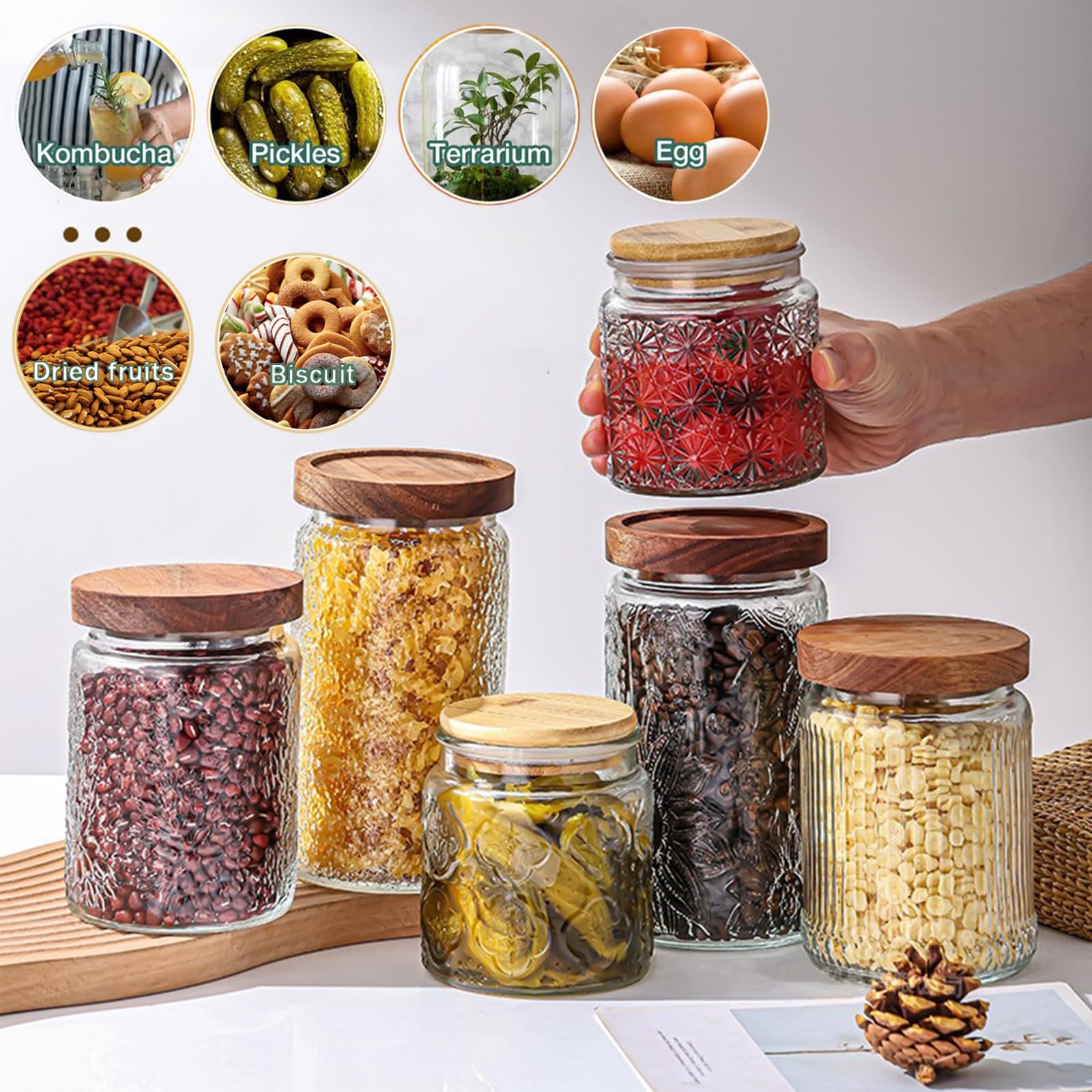 Barattolo di vetro vintage, 963,9 g/2 pezzi, con coperchi ermetici in legno di bambù, contenitori per alimenti in vetro per cucina, dispensa, caffè, chicchi di tè, avena, caramelle (fiori con