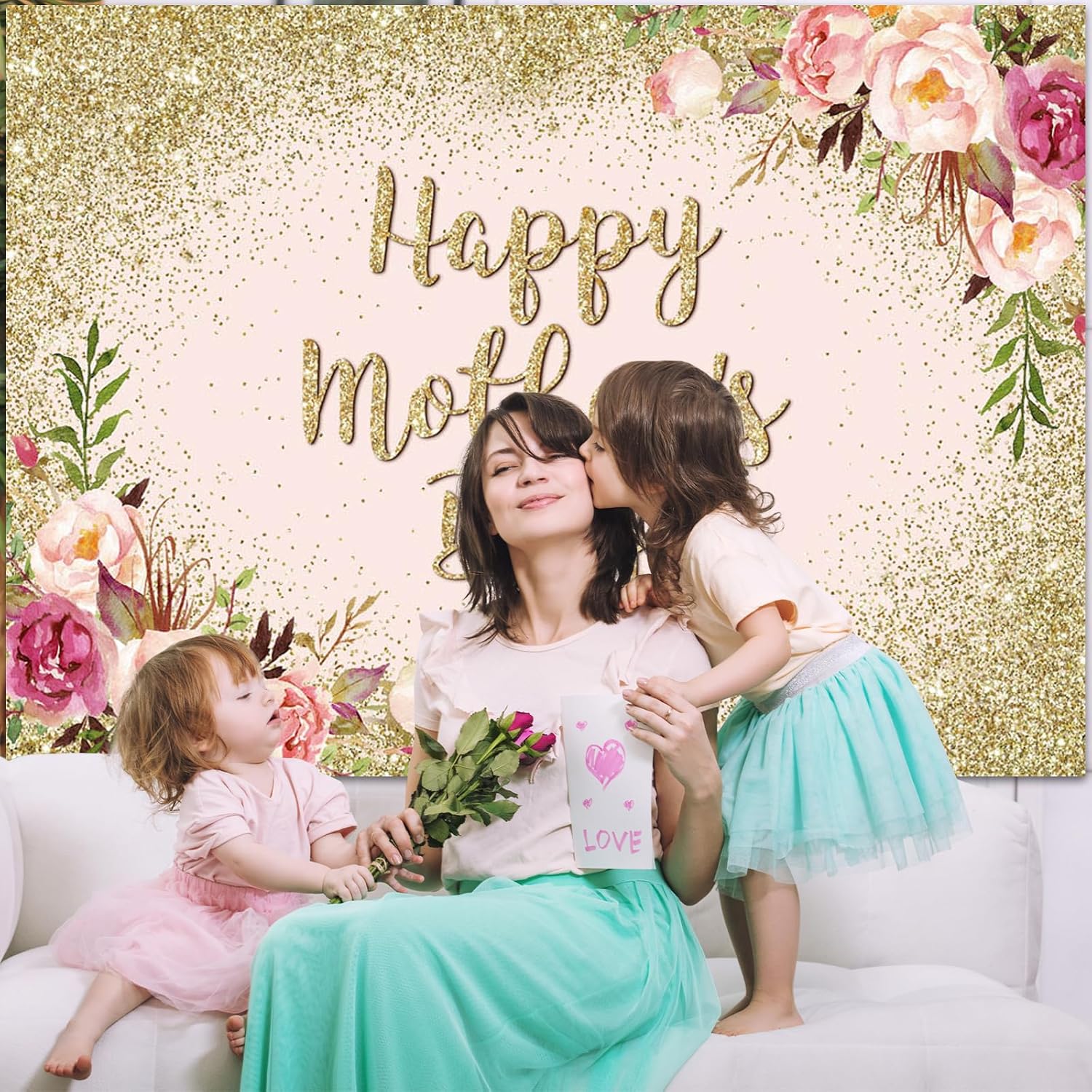 Avezano 7x5ft Happy Mother's Day Backdrop Glitter Gold Pink Floral Happy Mothers Day Party Decorations Banner Mothers Day Photography Background Photo Booth Props (7x5ft)