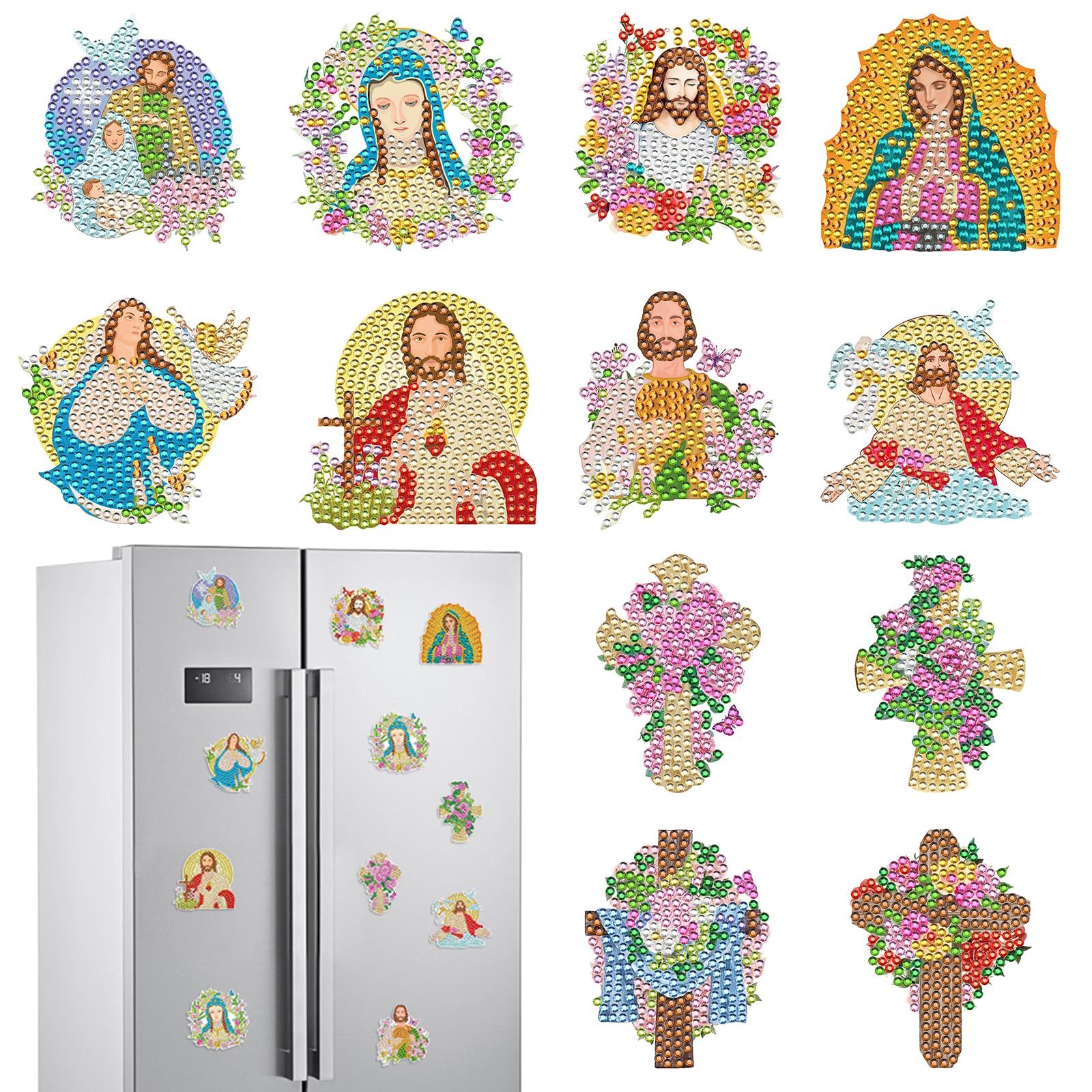 Diamond Painting Art Magnets Refrigerator - 12 PCS Christian Diamond Painting Kit Jesus Cross Our Lady Religious Gem Art Fridge Sticker Set for Inspirational Christmas Gift Adult Beginner Home Decor