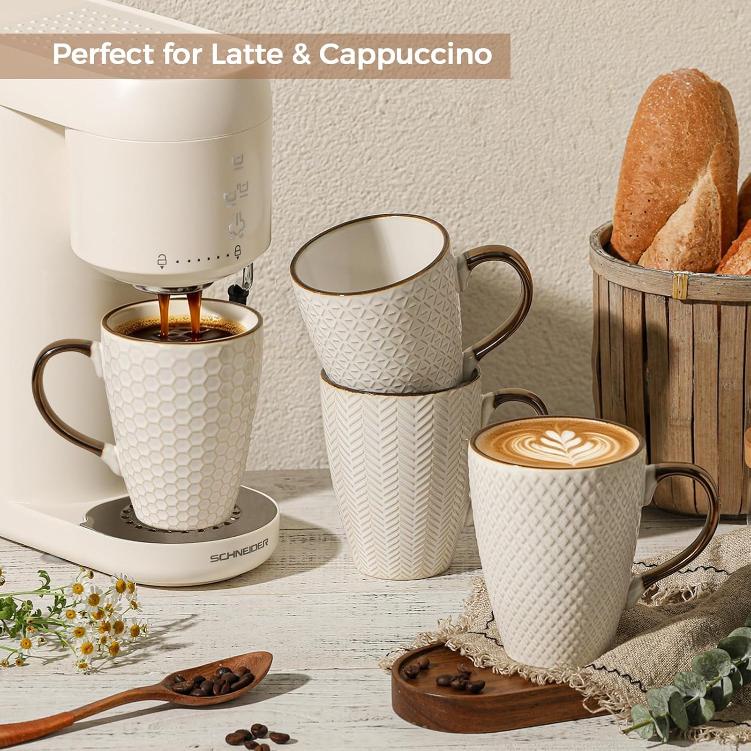 Embossed Ceramic Coffee Mugs Set of 4, 16 Oz