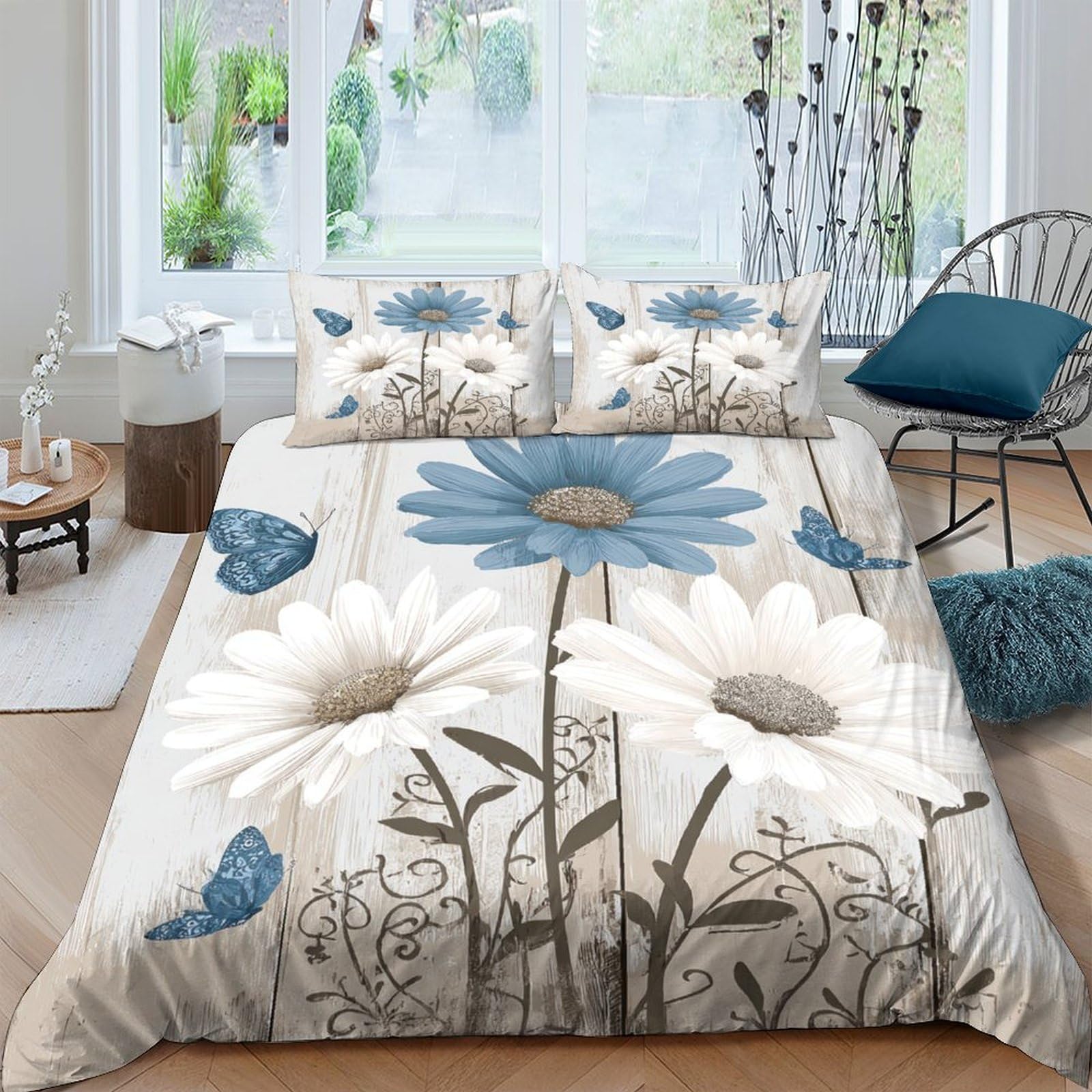 Ctjqhvkz Style-9 3D Printed Blue Daisy Fitted Sheet Microfiber Soft Breathable Butterfly Mattress Cover For Bedroom Decor Single（135X200cm）