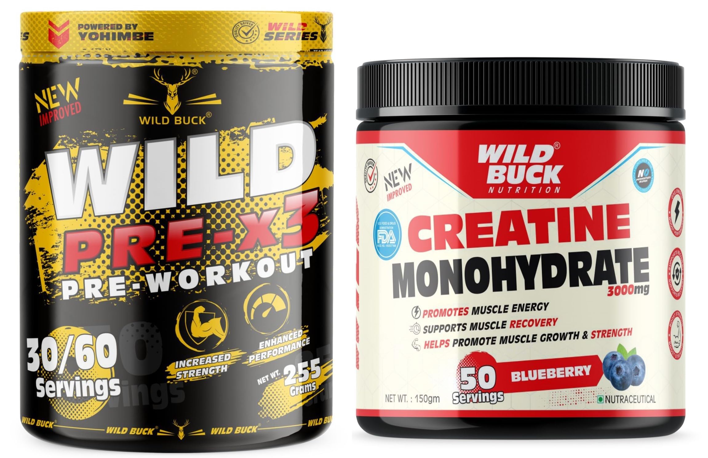 WILD BUCK Wild Pre-X3 Hardcore Pre-Workout Supplement powder, Energy Drink with Creatine Monohydrate, Arginine AAKG, Beta-Alanine - For Men,Women [30-60 Servings, Wild Berries, 255g] + WILD BUCK Creatine Monohydrate Powder, Strength, Reduce Fatigue, 100% Pure Creatine, Lean Muscle Building, Supports Muscle Growth, Athletic Performance, Recovery [50 Servings, Blueberry]
