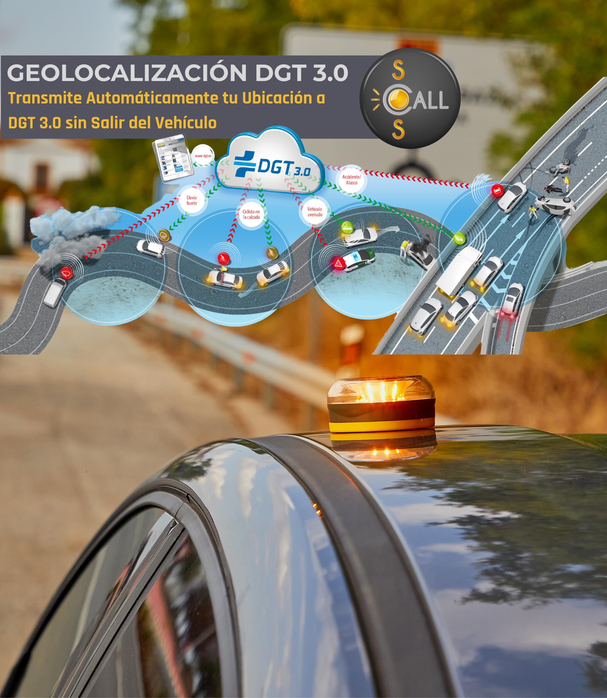 Luz Emergencia V16 Conectada DGT 3.0 Baliza Coche Homologada 2026 Geolocalización Tiempo Real 1 Km Visibilidad Alta Potencia LED Seguridad Carretera Sin Suscripción Datos Incluidos hasta 2040 — view 5