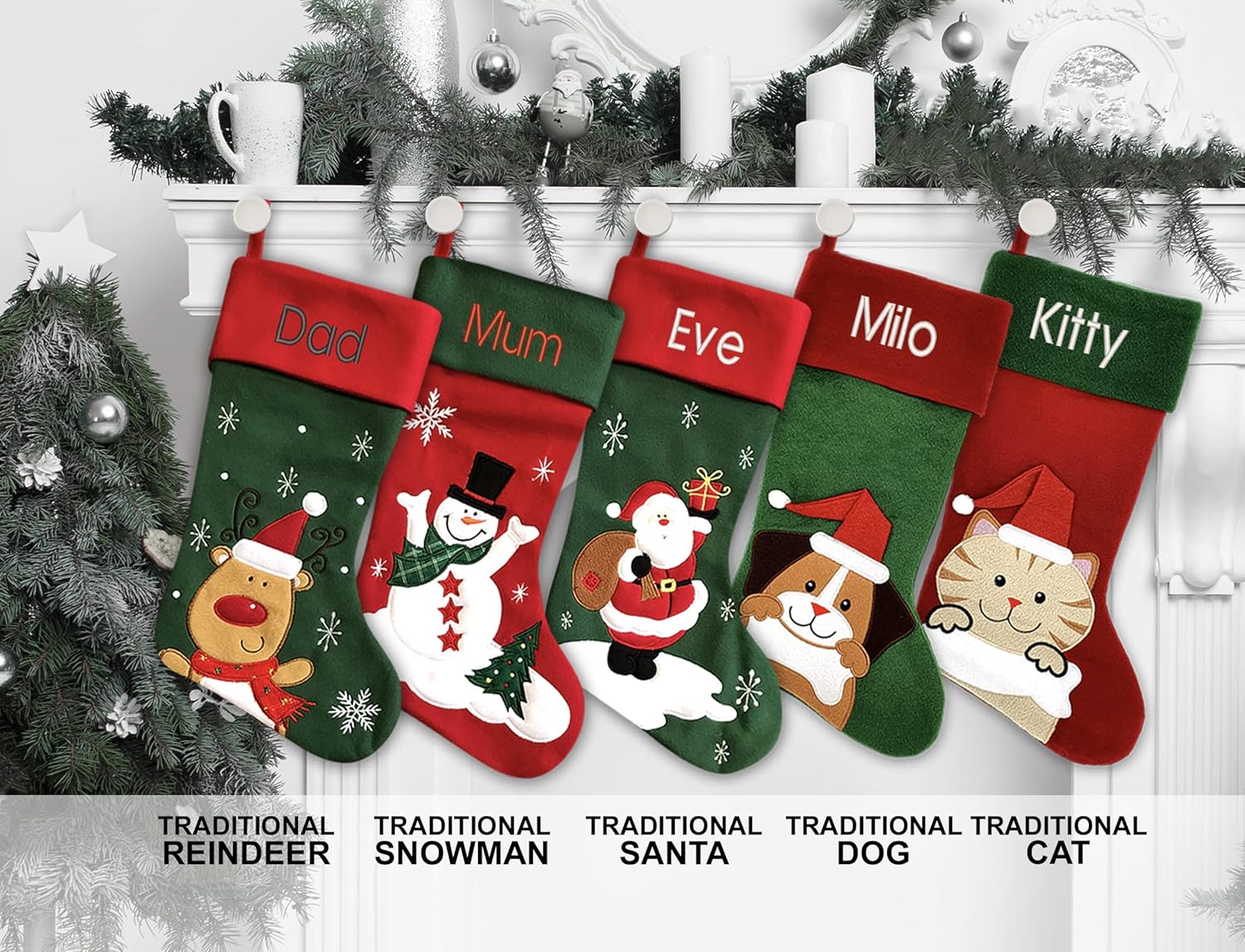 Personalized Christmas Stocking - Snowman Design - Embroidered Name - Large 18.5inch, Traditional Red and Green, Family Holiday Season Decor