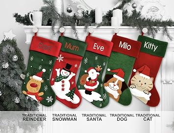 Personalized Christmas Stocking - Santa Stocking - Embroidered Name - Large 18.5inch, Traditional Red and Green, Family Holiday Season Decor