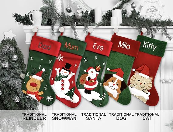 Personalized Christmas Stocking - Santa Stocking - Embroidered Name - Large 18.5inch, Traditional Red and Green, Family Holiday Season Decor