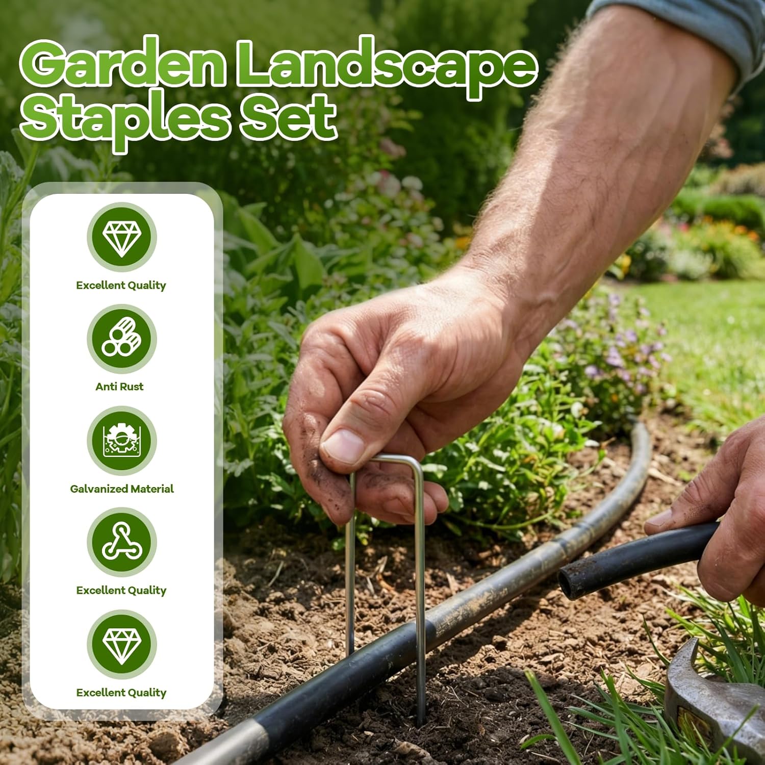 200PCS Garden Stakes Landscape Staples Set, 6 Inch Landscape Fabric Staples with Gasket, 11 Gauge Heavy Duty Galvanized Garden Ground Pins for Weed Barrier, Plant Covers, Irrigation Tubing